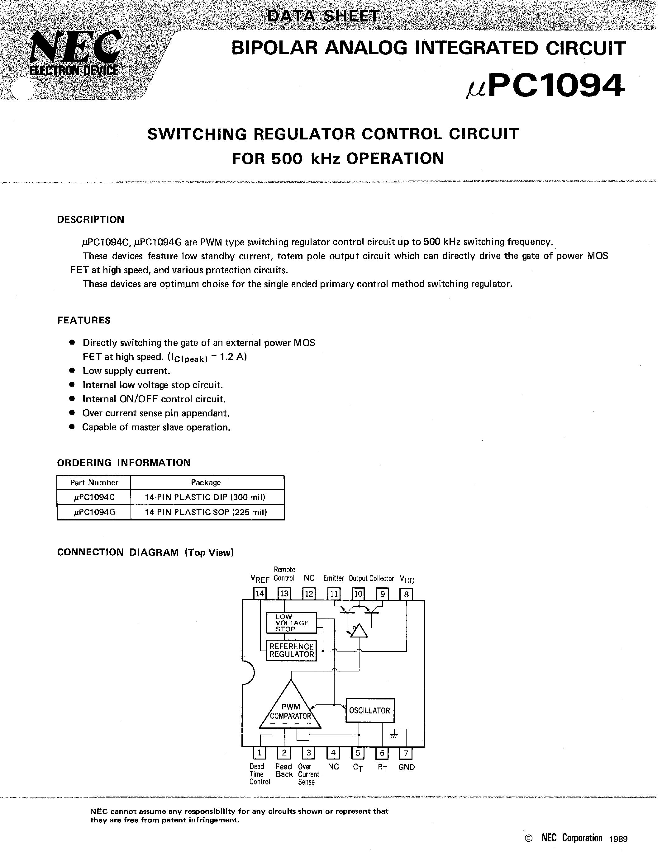Datasheet UPC1094G page 1 Datasheet UPC1094G - SWITCHING REGULATOR CONTROL CIRCUIT FOR 500 kHz OPERATION page 1