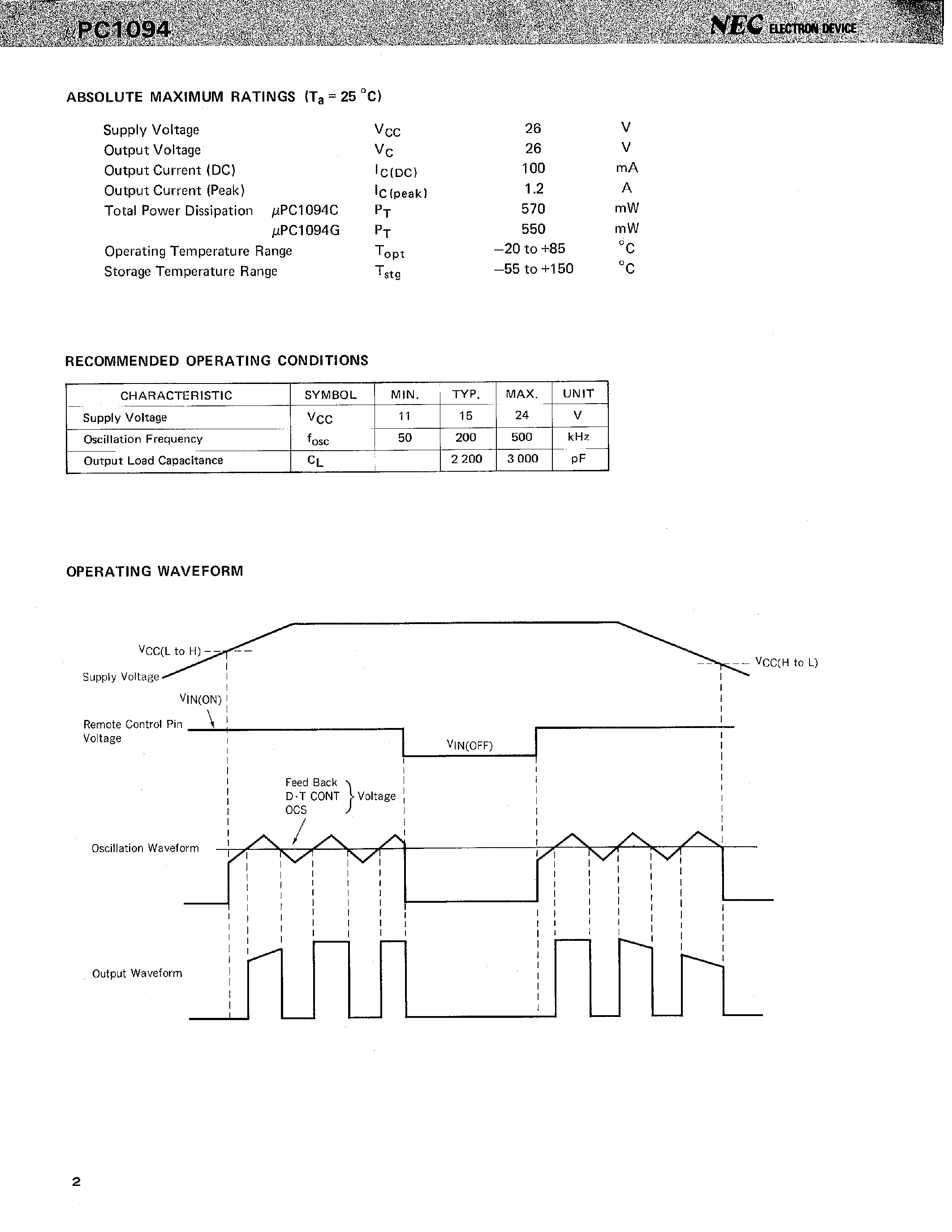Datasheet UPC1094G page 2 Datasheet UPC1094G - SWITCHING REGULATOR CONTROL CIRCUIT FOR 500 kHz OPERATION page 2