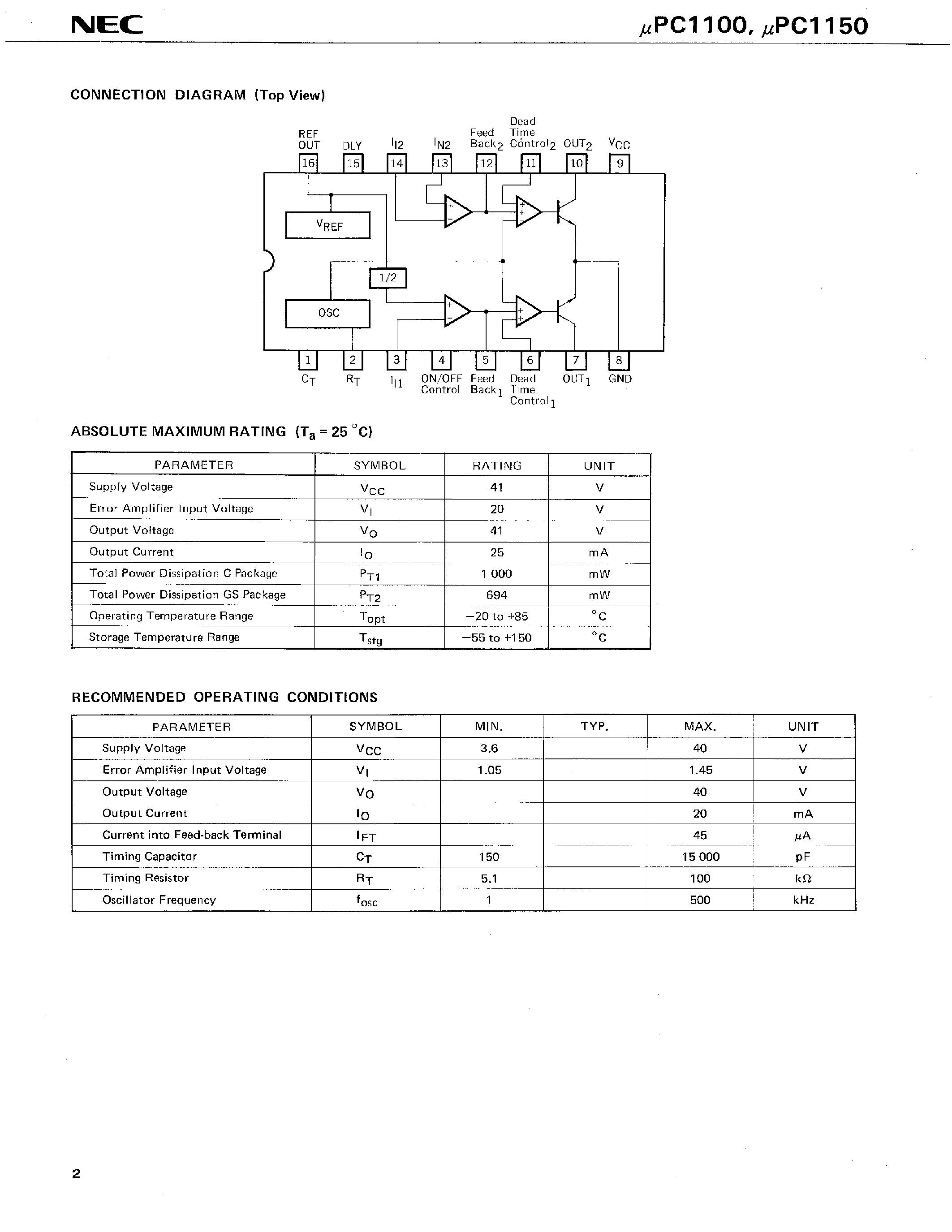 Datasheet UPC1100 - DUAL SWITCHING REGULATOR CONTROL CIRCUIT page 2