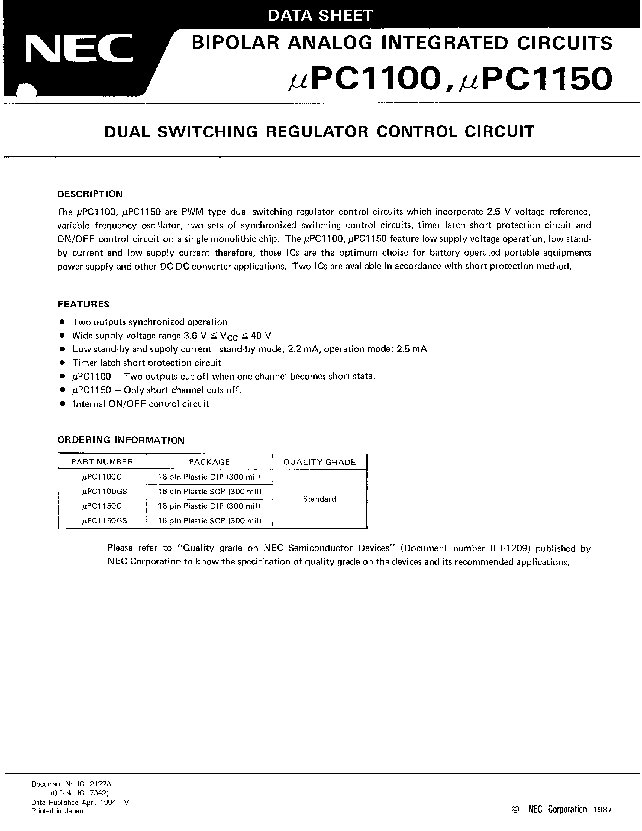 Datasheet UPC1150 page 1 Datasheet UPC1150 - DUAL SWITCHING REGULATOR CONTROL CIRCUIT page 1