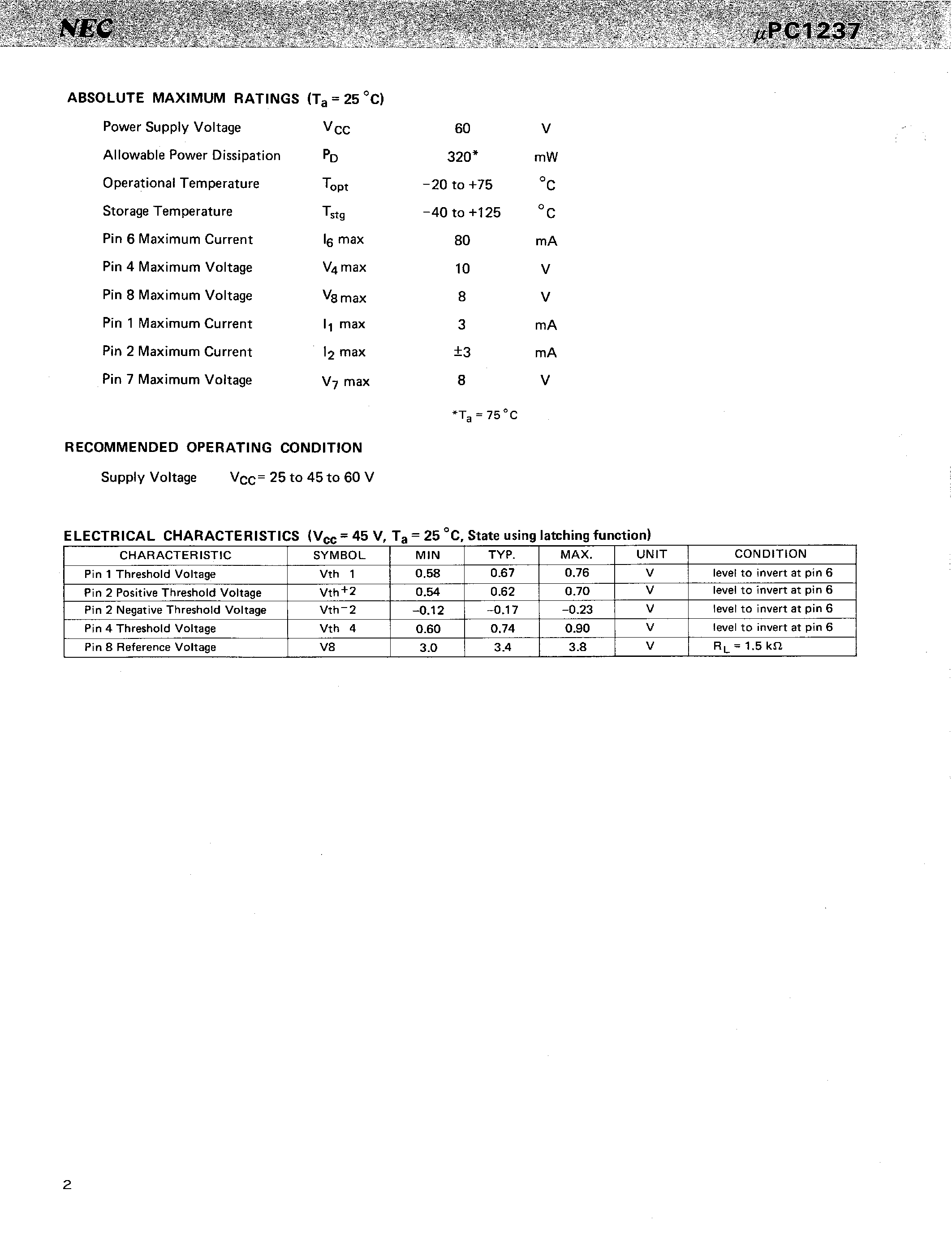 Даташит на микросхему UPC1237 страница 2 Даташит UPC1237 - PROTECTOR IC FOR STEREO POWER AMPLIFIER страница 2