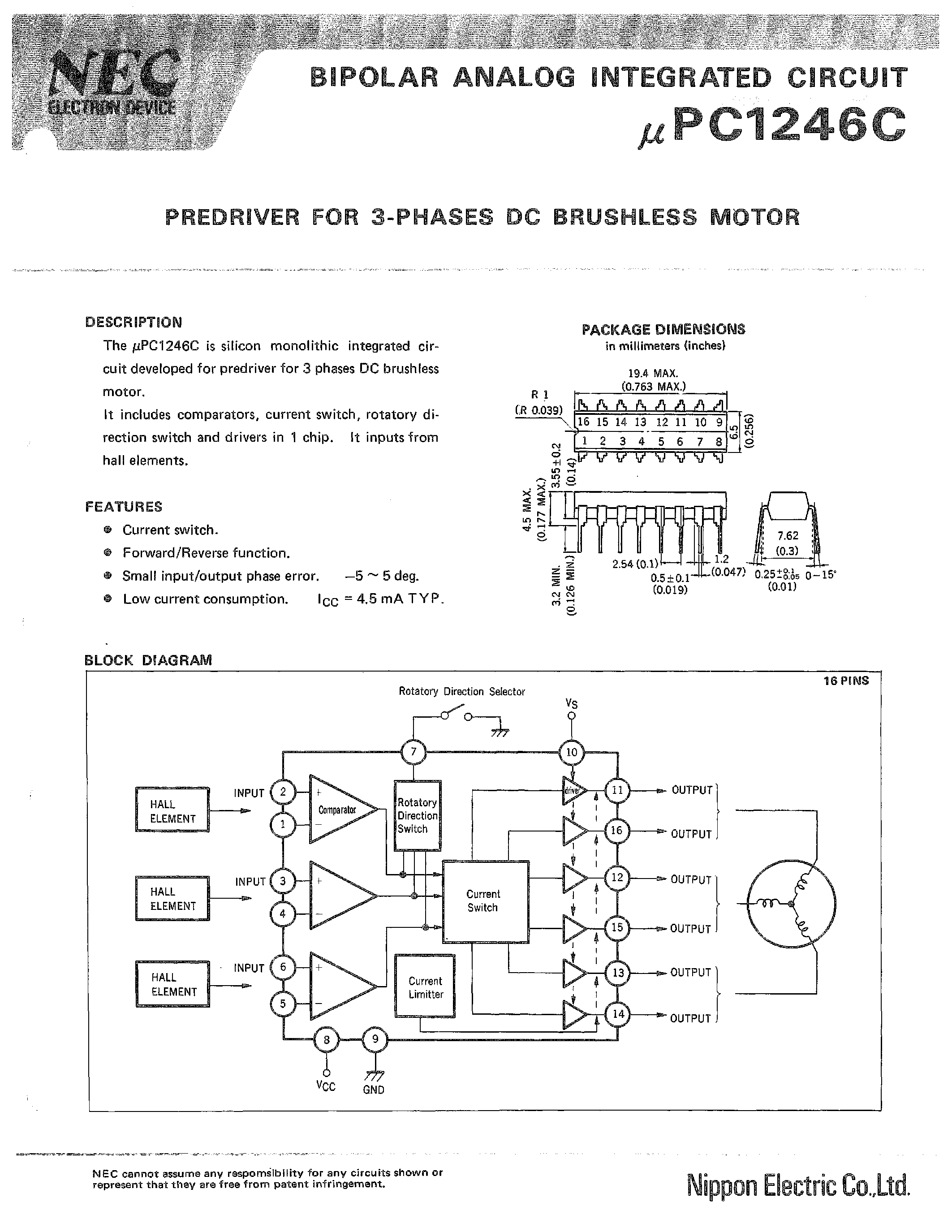 Datasheet UPC1246C - PREDRIVER FOR 3-PHASES DC BRUSHLESS MOTOR page 1