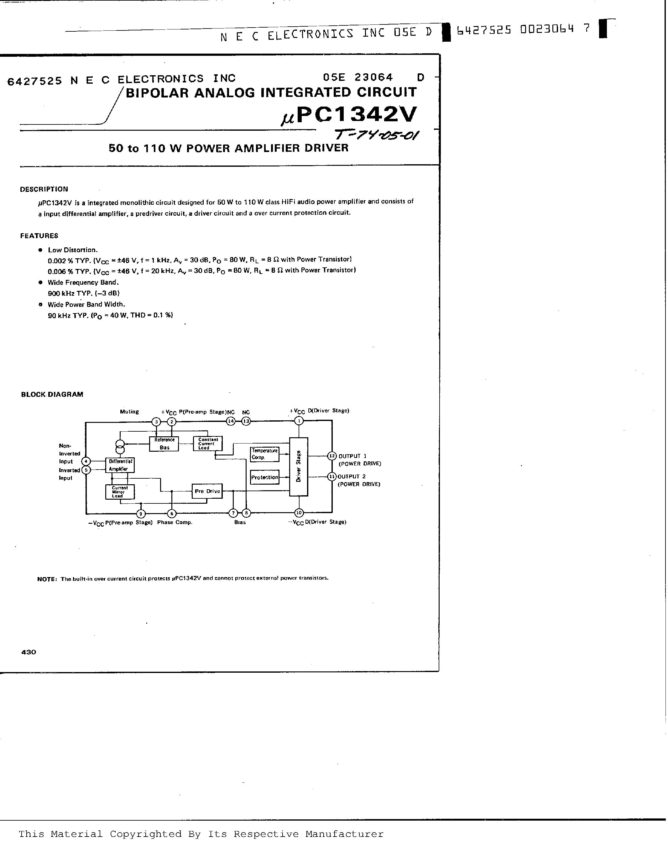 Даташит на микросхему UPC1342V страница 1 Даташит UPC1342V - 50 TO 110 W POWER AMPLIFIER DRIVER страница 1