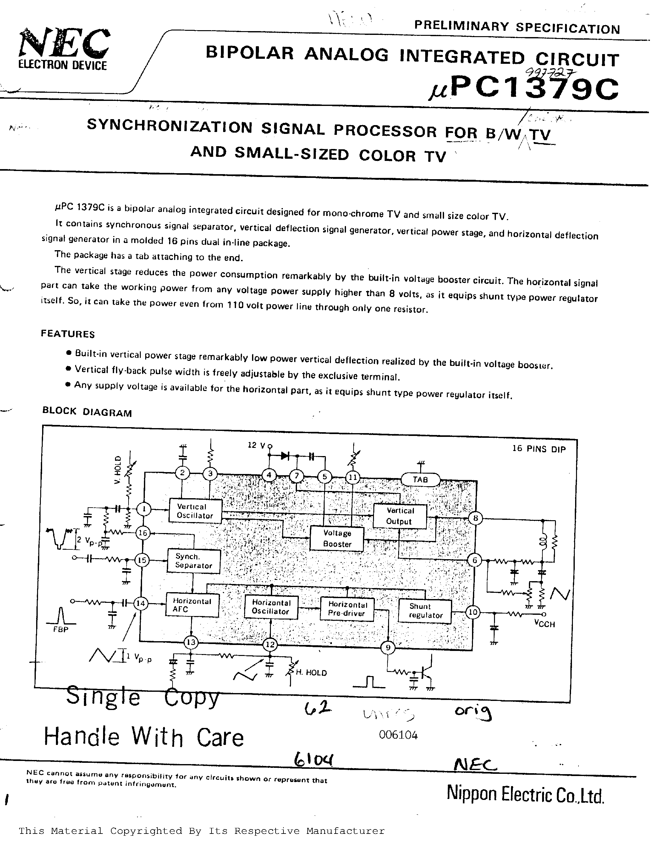 Datasheet UPC1379C - SYNCHRONIZATION SIGNAL PROCESSOR FOR B/W TV AND SMALL-SIZED COLOR TV page 1