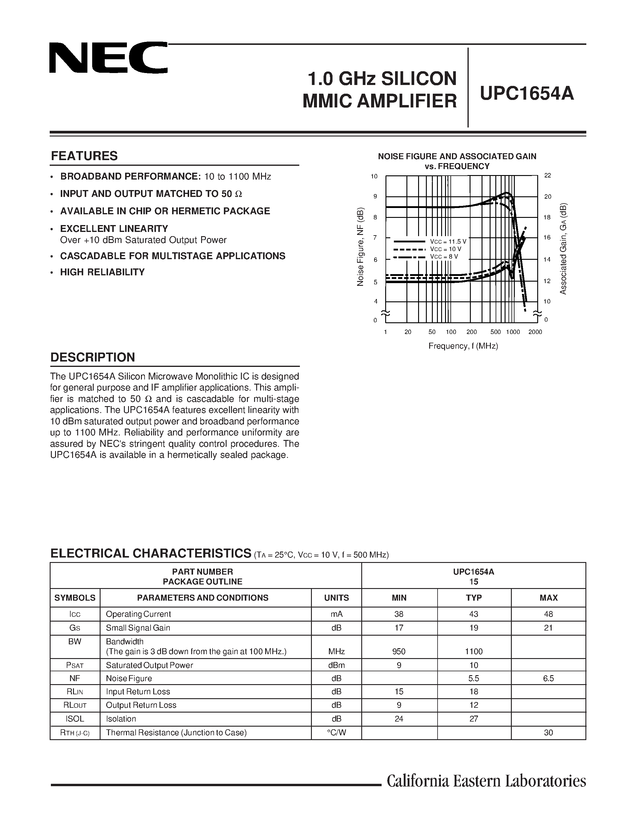 Datasheet UPC1654 - 1.0 GHz SILICON MMIC AMPLIFIER page 1
