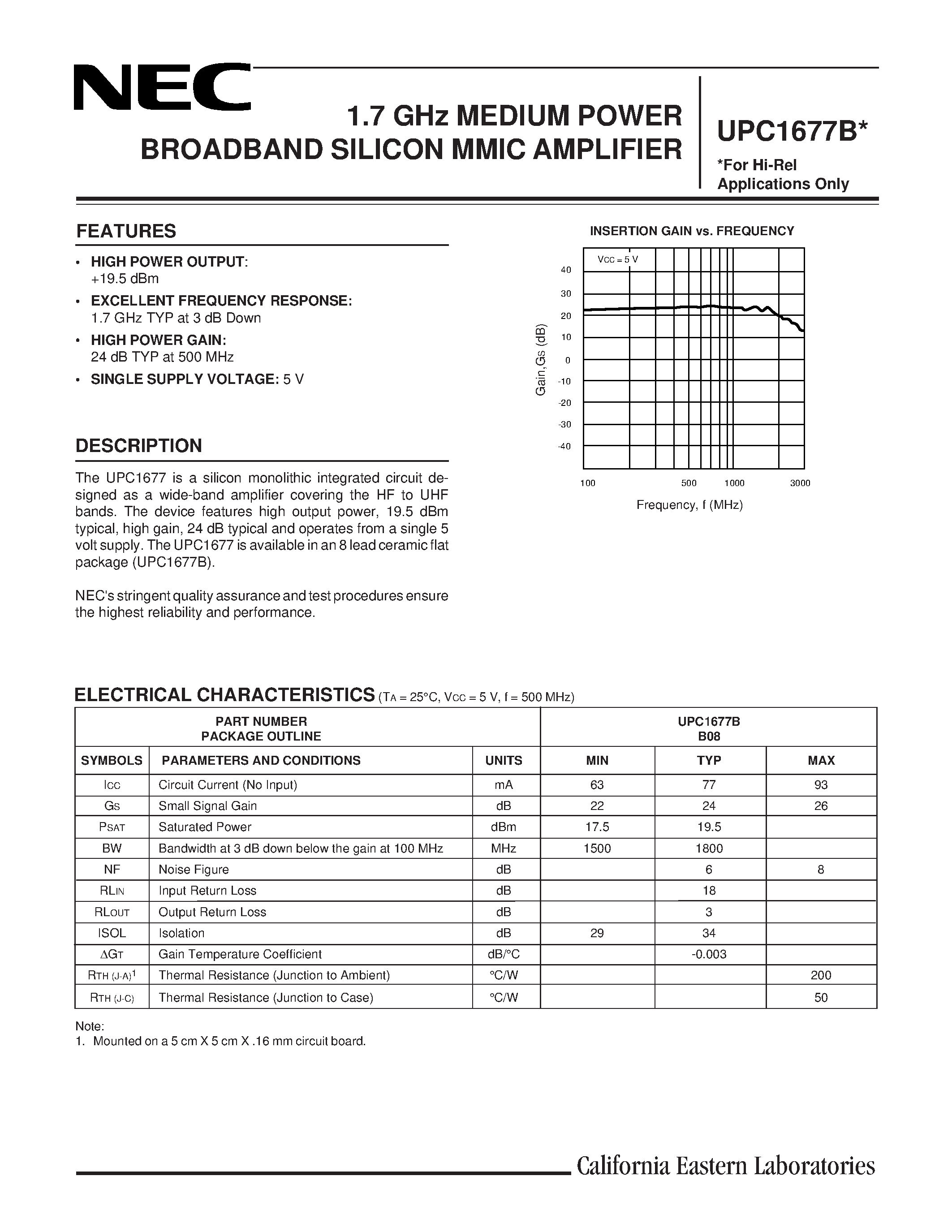 Даташит на микросхему UPC1677 страница 1 Даташит UPC1677 - 1.7 GHz MEDIUM POWER BROADBAND SILICON MMIC AMPLIFIER страница 1