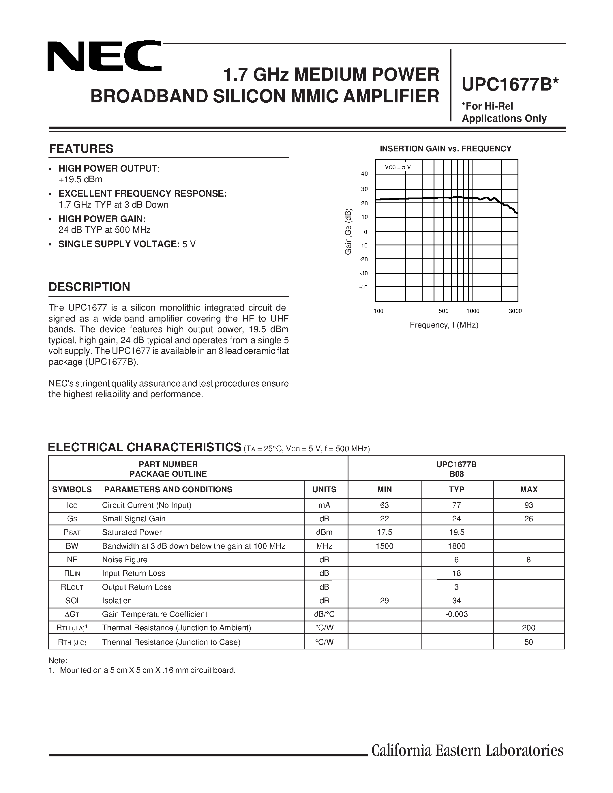 Даташит UPC1677 - 1.7 GHz MEDIUM POWER BROADBAND SILICON MMIC AMPLIFIER страница 1