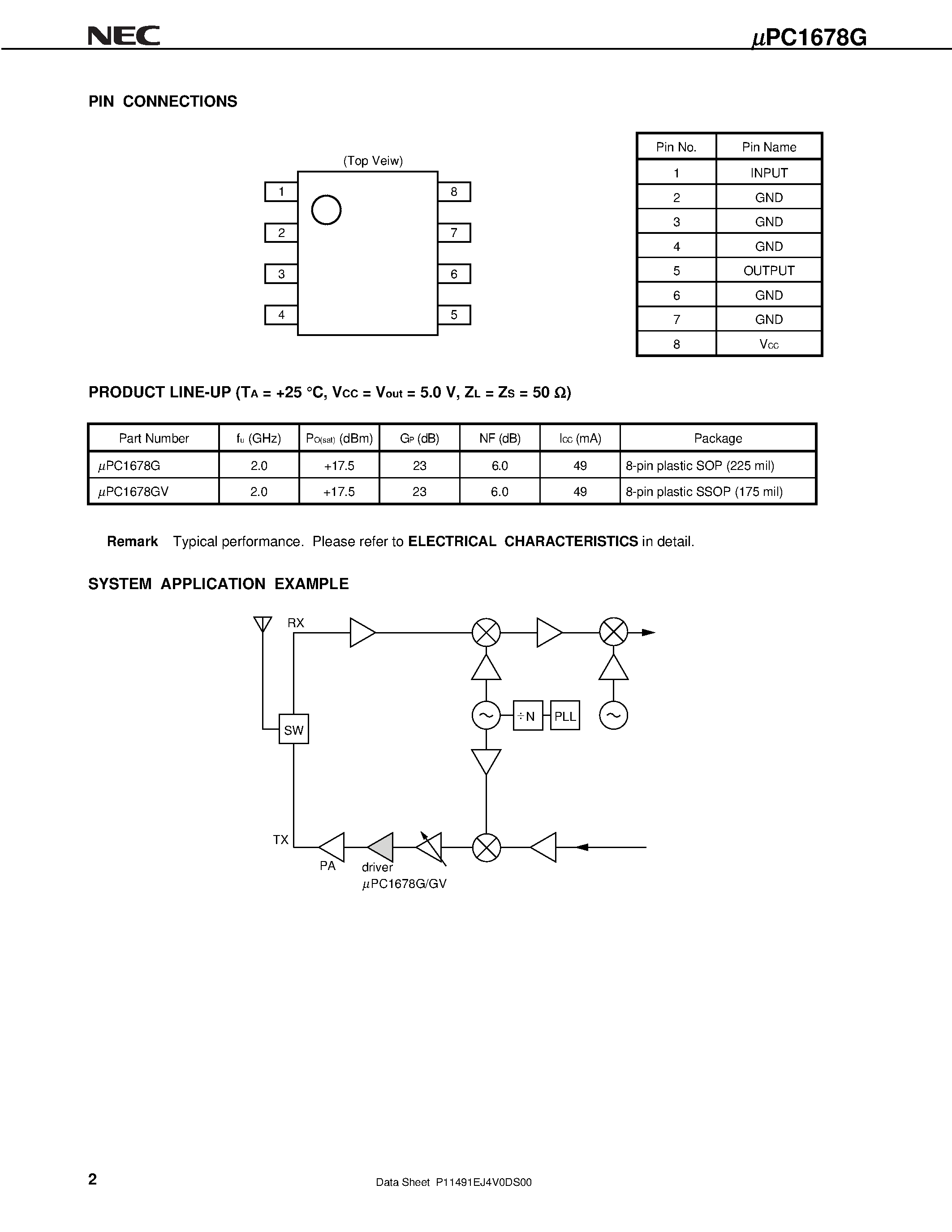 Datasheet UPC1678G - 5 V-BIAS/ +7.5 dBm OUTPUT/ 2.0 GHz WIDEBAND Si MMIC AMPLIFIER page 2