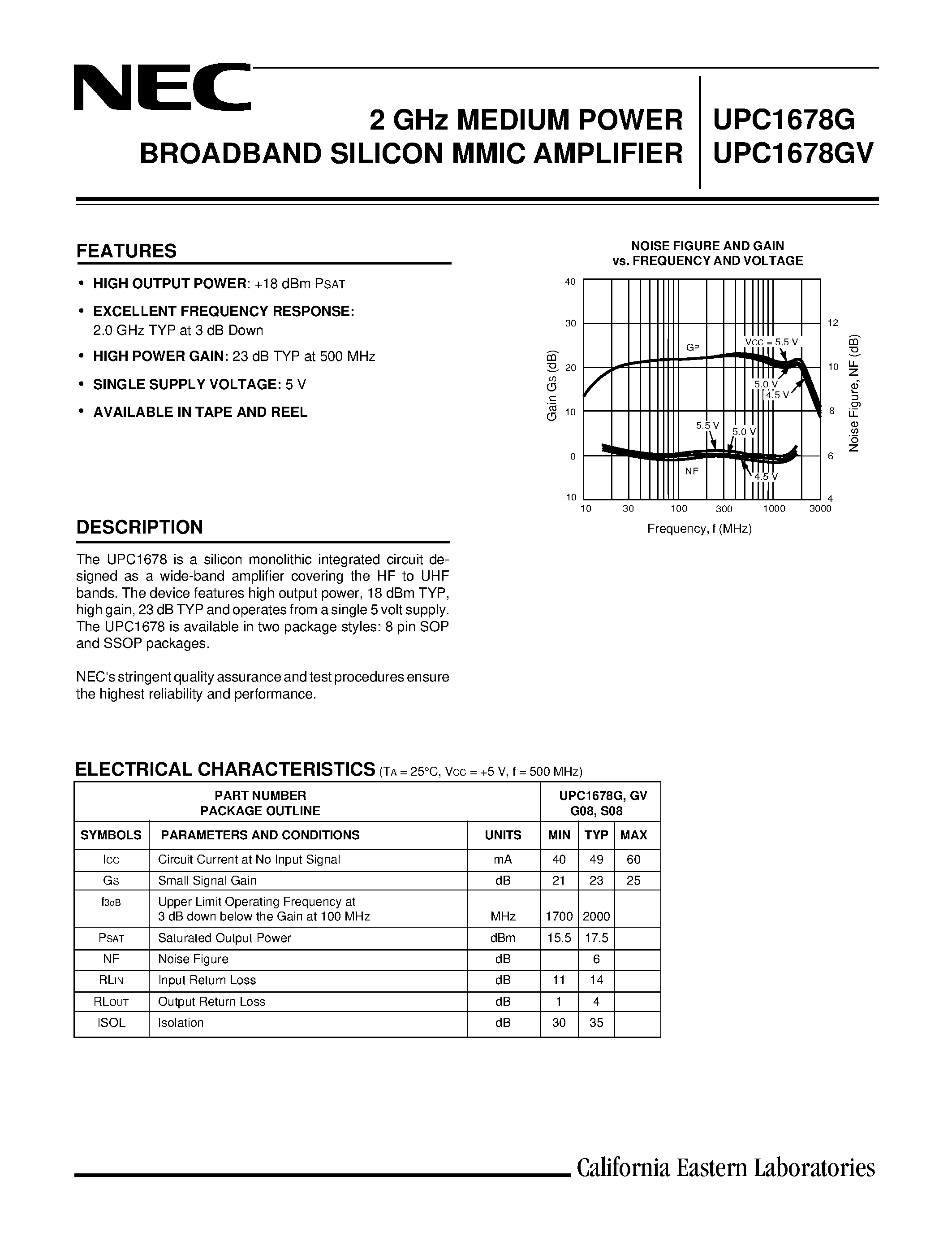 Datasheet UPC1678G-E1 page 1 Datasheet UPC1678G-E1 - 2 GHz MEDIUM POWER BROADBAND SILICON MMIC AMPLIFIER page 1
