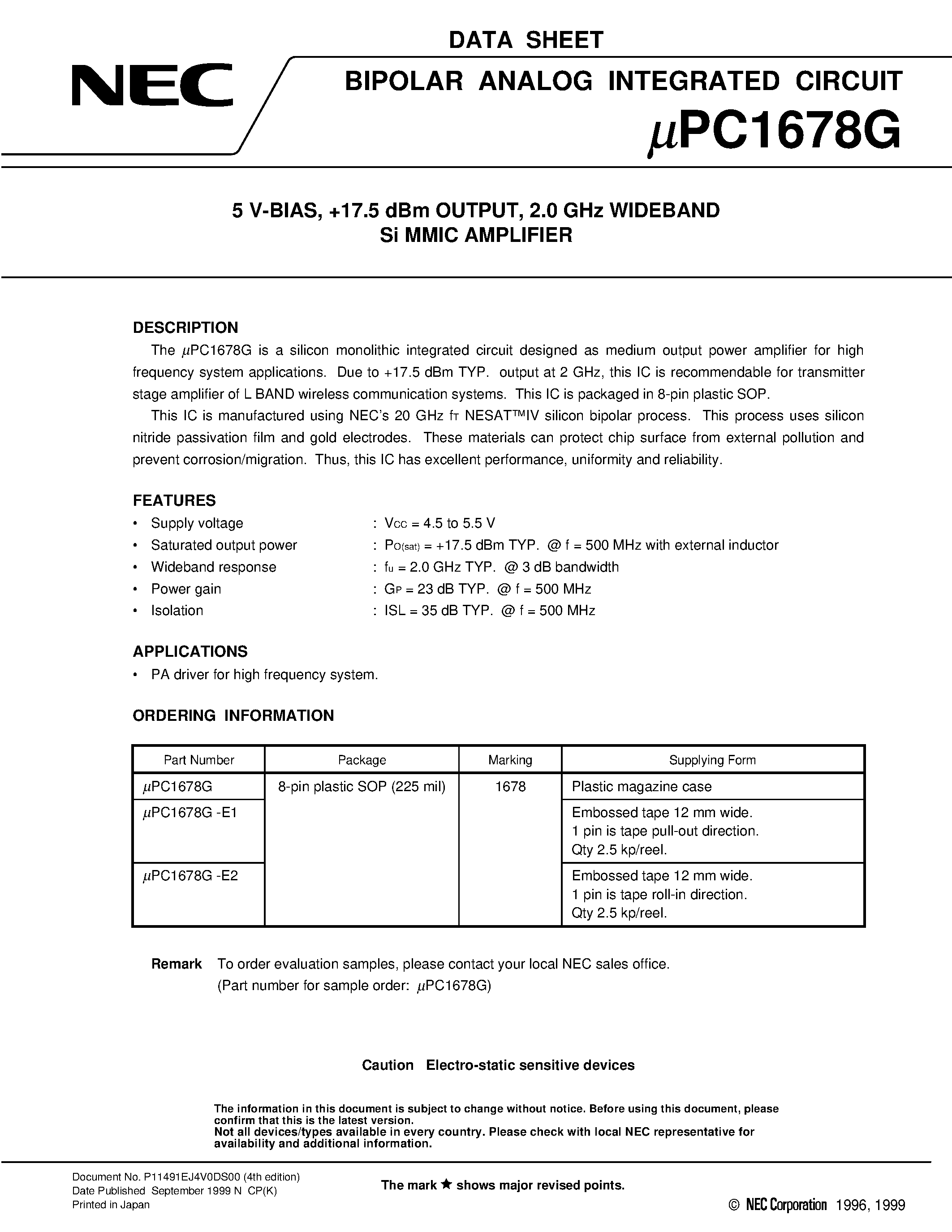 Datasheet UPC1678GV - 5 V-BIAS/ +7.5 dBm OUTPUT/ 2.0 GHz WIDEBAND Si MMIC AMPLIFIER page 1