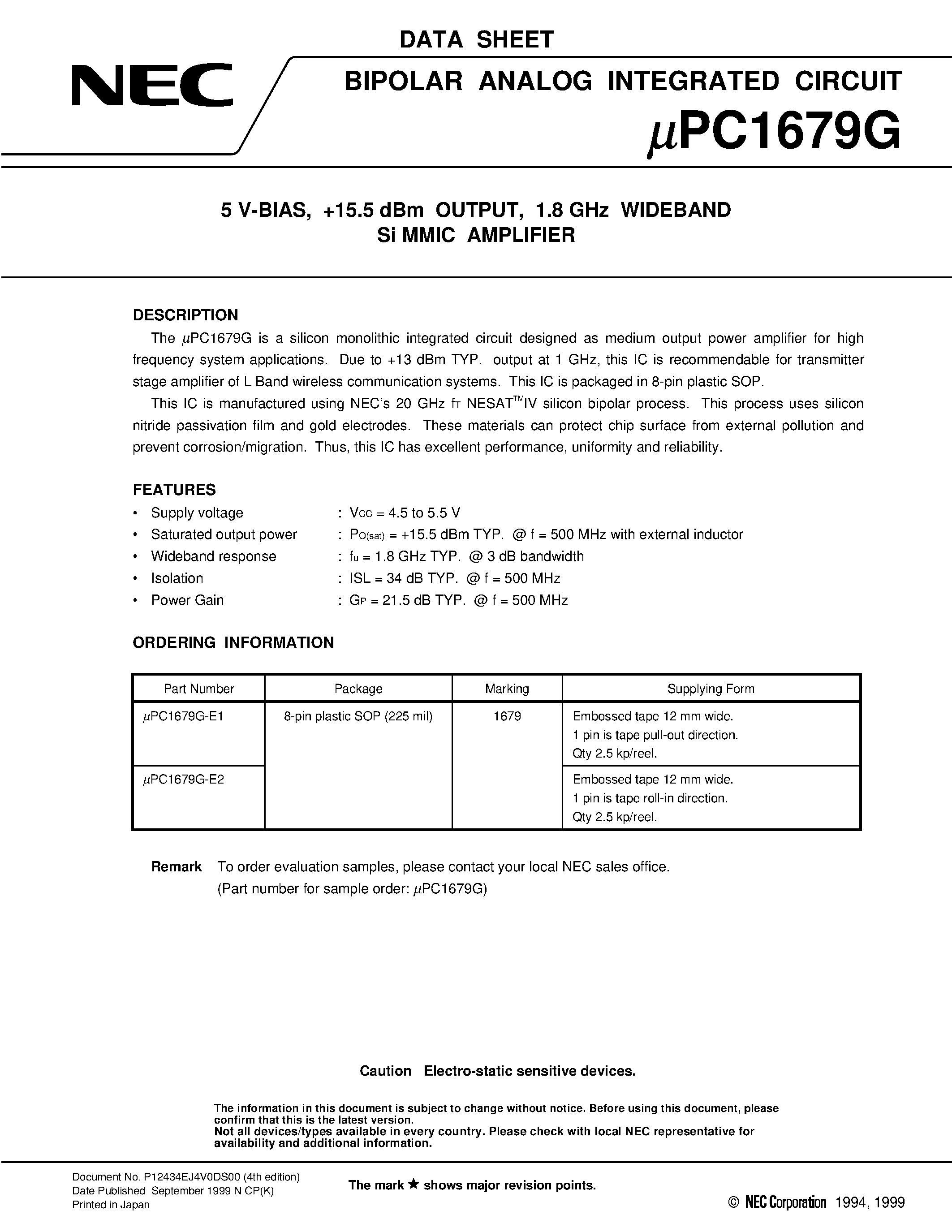 Datasheet UPC1679G-E2 - 5 V-BIAS/ +5.5 dBm OUTPUT/ 1.8 GHz WIDEBAND Si MMIC AMPLIFIER page 1