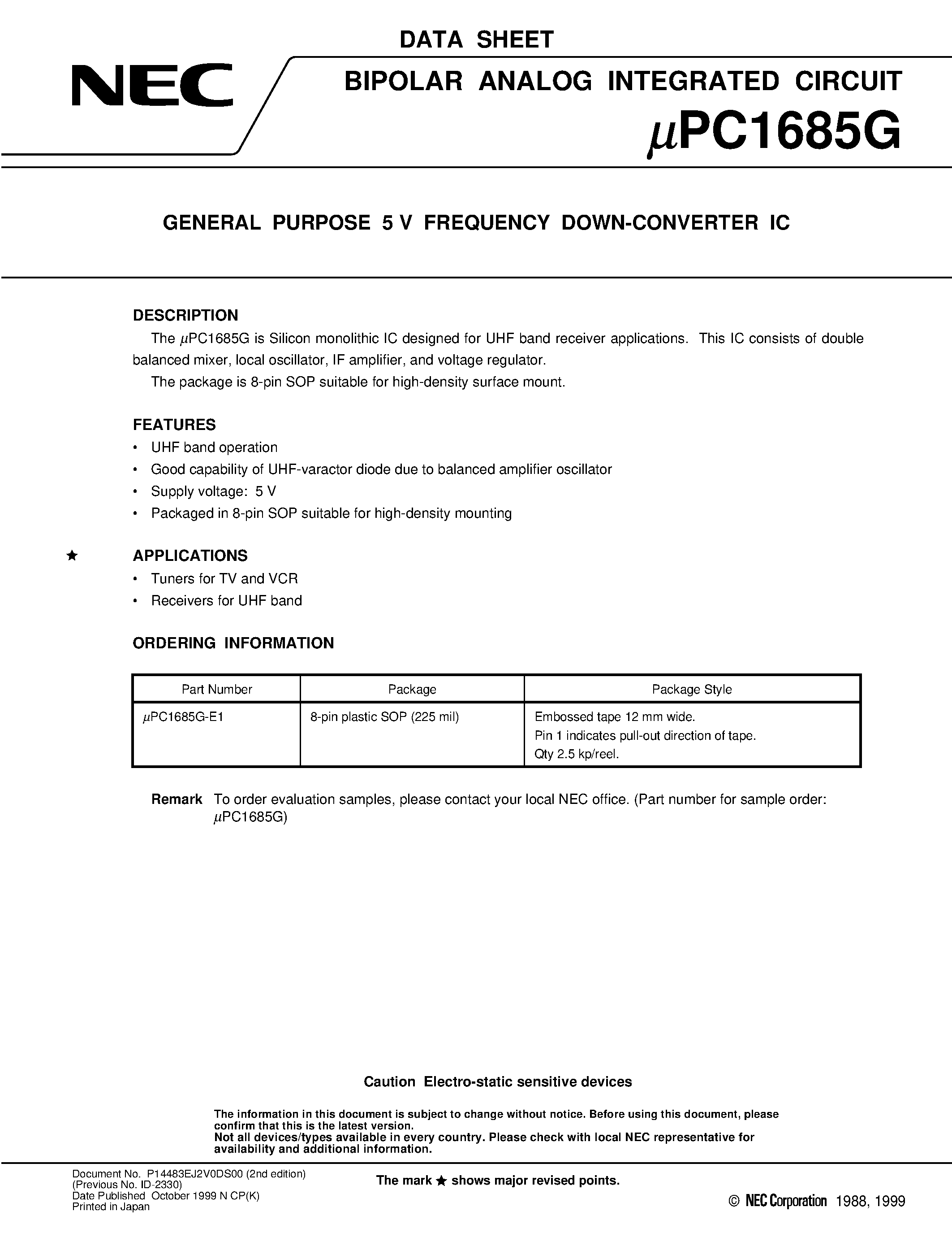 Даташит UPC1685G-E1 - GENERAL PURPOSE 5 V FREQUENCY DOWN-CONVERTER IC страница 1