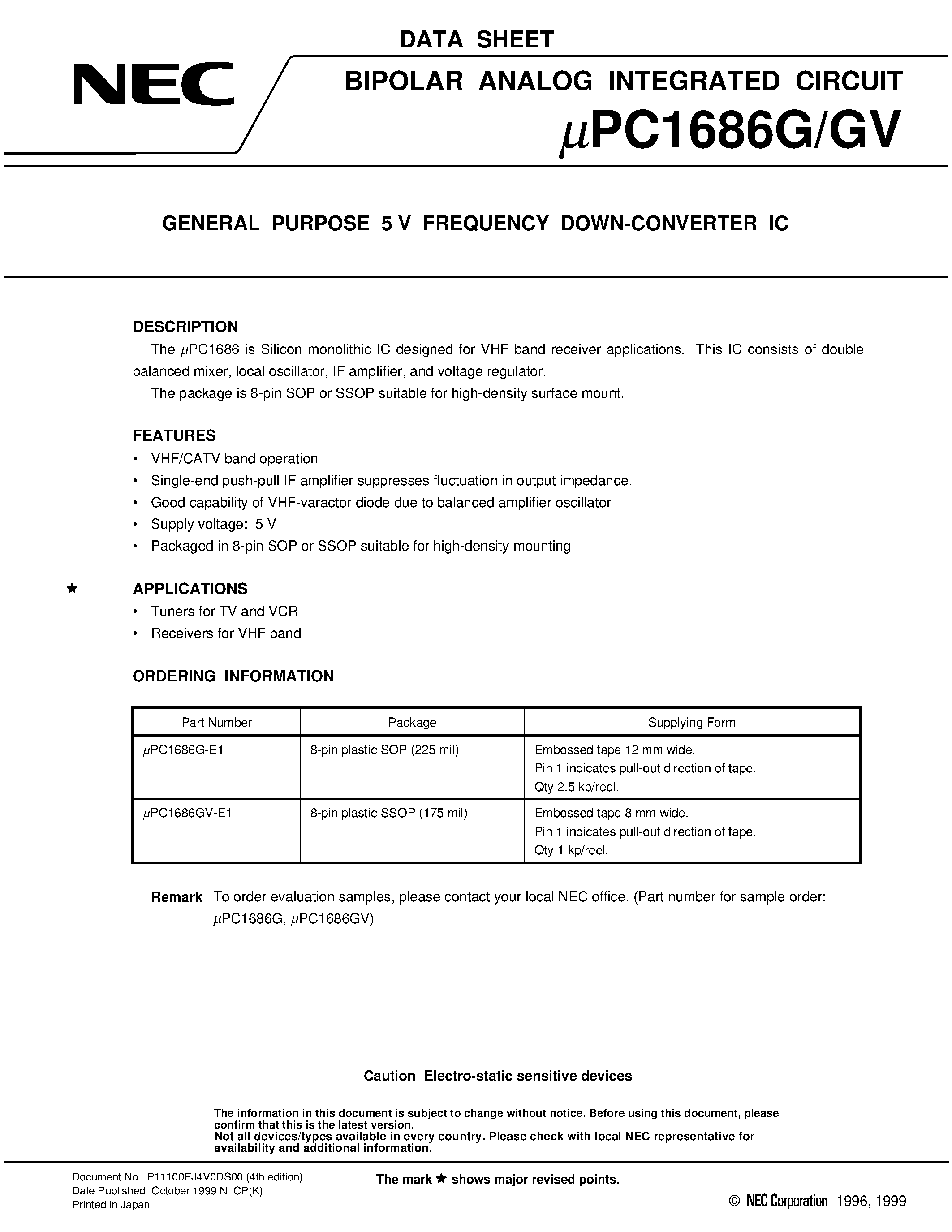 Даташит UPC1686GV - GENERAL PURPOSE 5 V FREQUENCY DOWN-CONVERTER IC страница 1