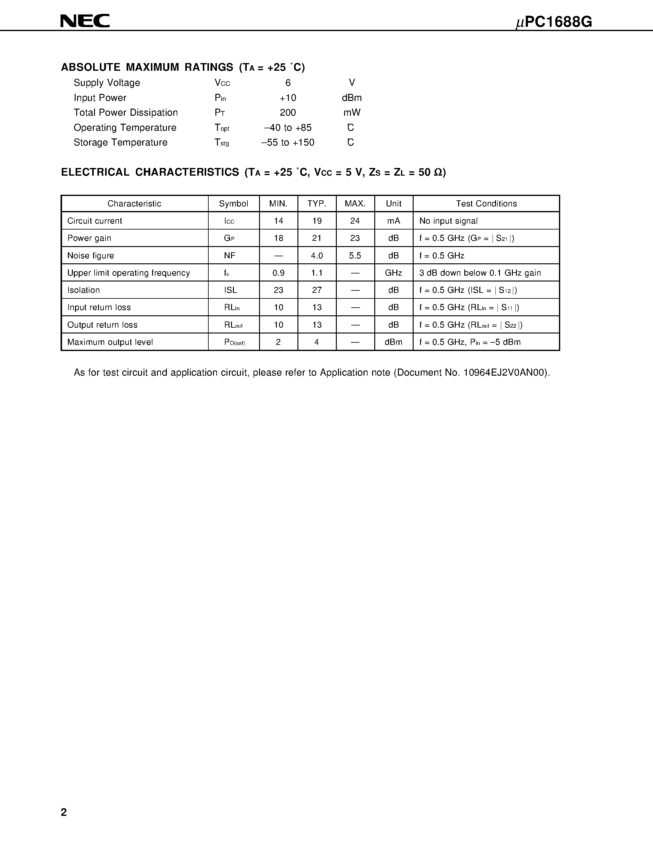 Даташит UPC1688G - 5 V/ 1.1 GHz WIDE BAND AND FLAT GAIN AMPLIFIER SILICON MMIC страница 2