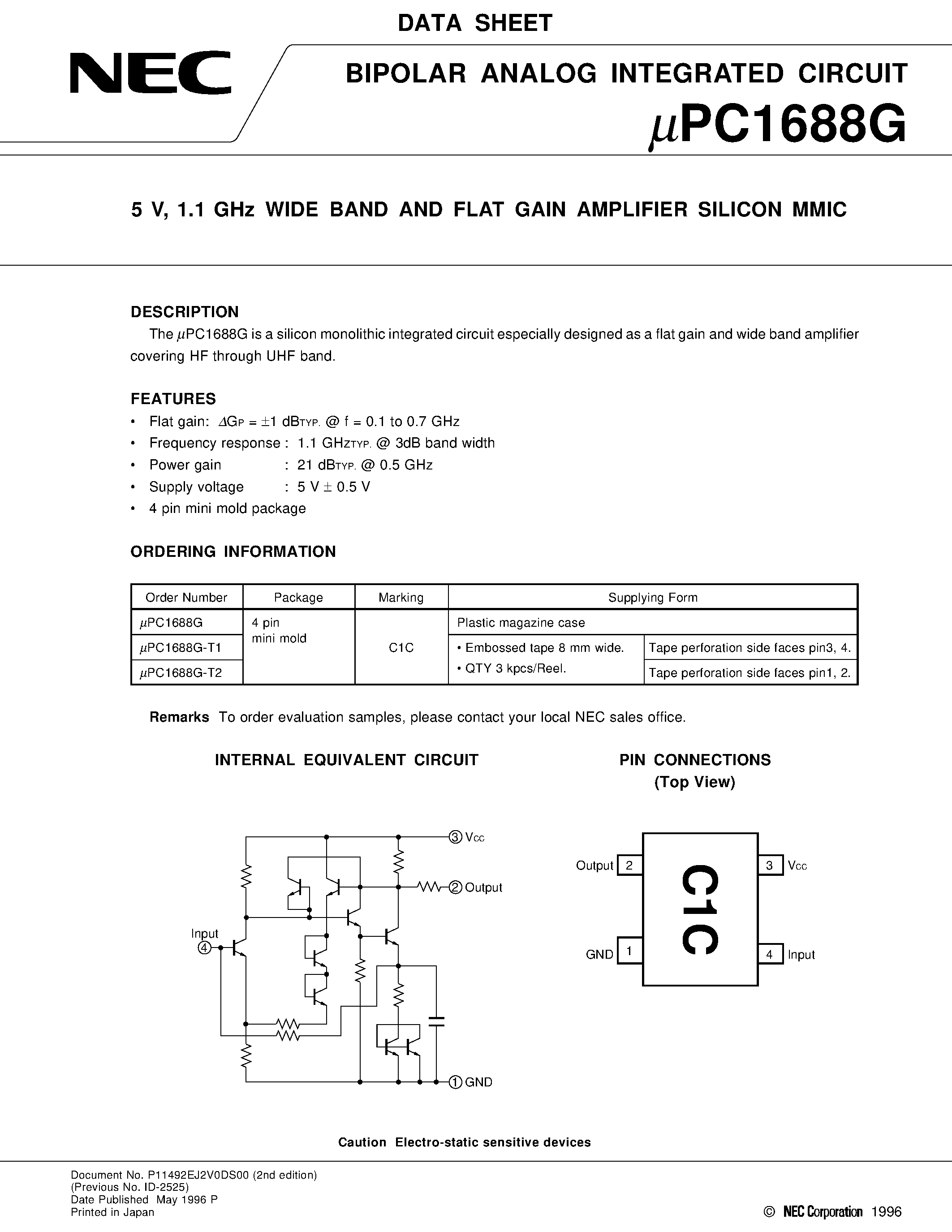 Даташит UPC1688G-T2 - 5 V/ 1.1 GHz WIDE BAND AND FLAT GAIN AMPLIFIER SILICON MMIC страница 1