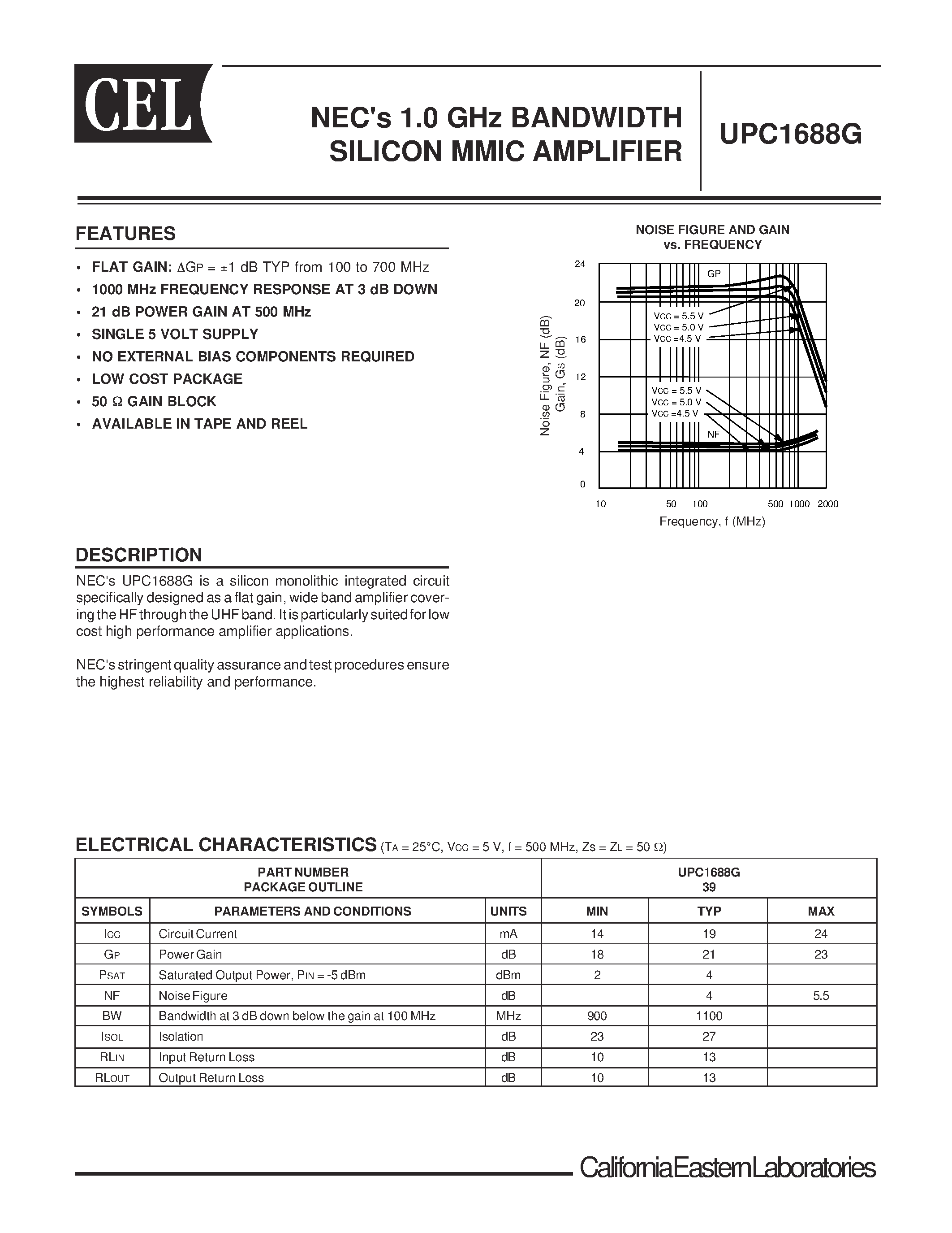 Datasheet UPC1688G-TI page 1 Datasheet UPC1688G-TI - NECs 1.0 GHz BANDWIDTH SILICON MMIC AMPLIFIER page 1