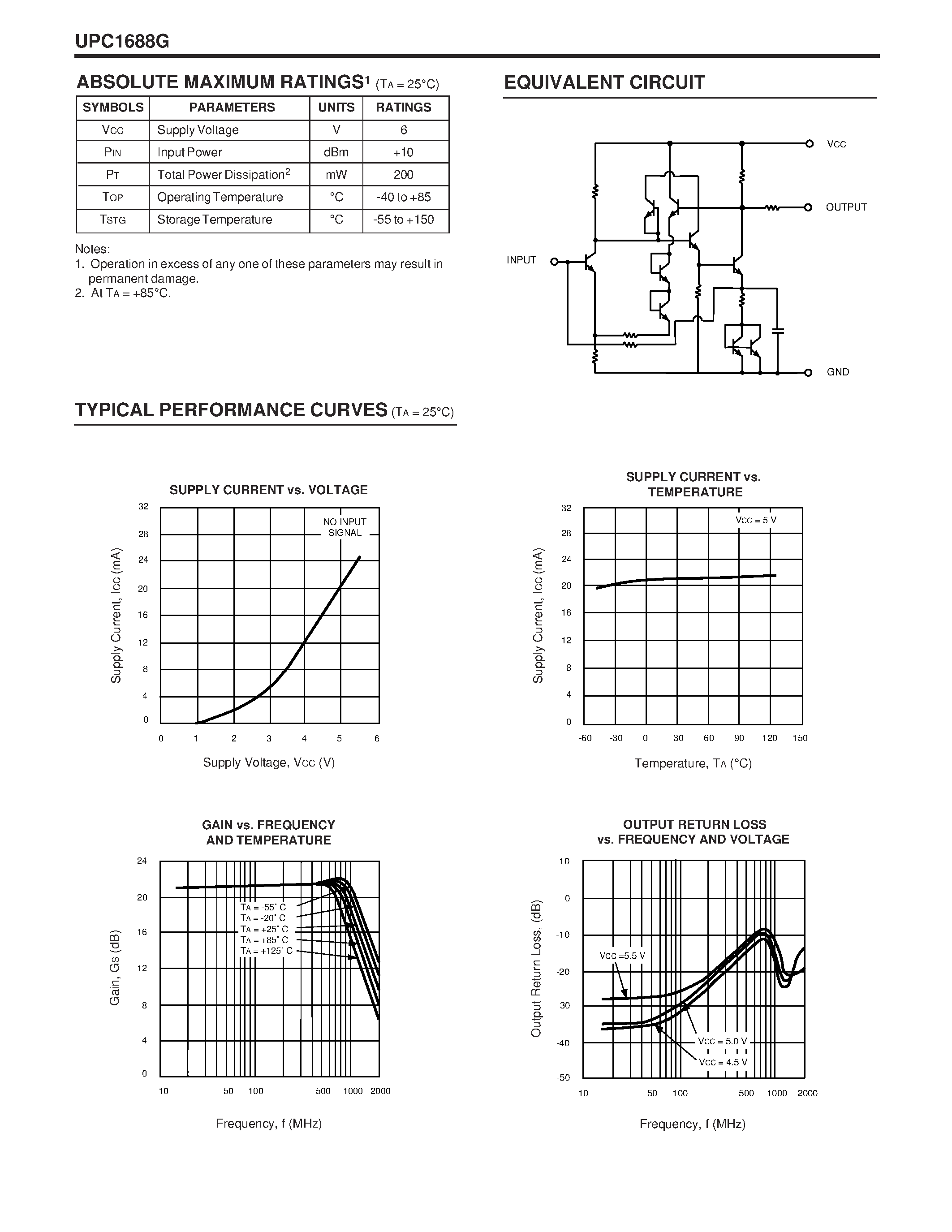 Datasheet UPC1688G-TI page 2 Datasheet UPC1688G-TI - NECs 1.0 GHz BANDWIDTH SILICON MMIC AMPLIFIER page 2
