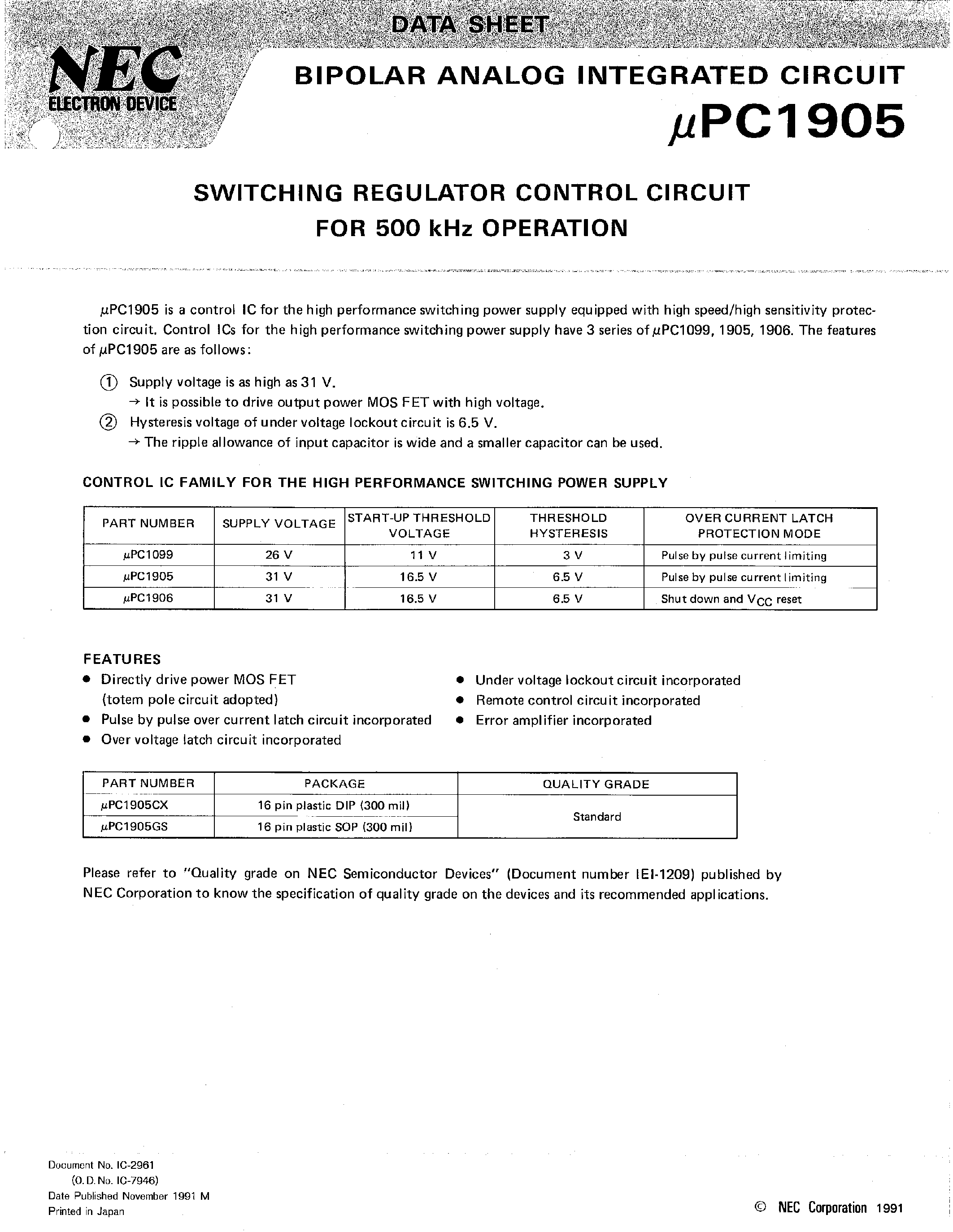 Datasheet UPC1905GS page 1 Datasheet UPC1905GS - SWITCHING REGULATOR CONTROL CIRCUIT FOR 500 kHz OPERATION page 1