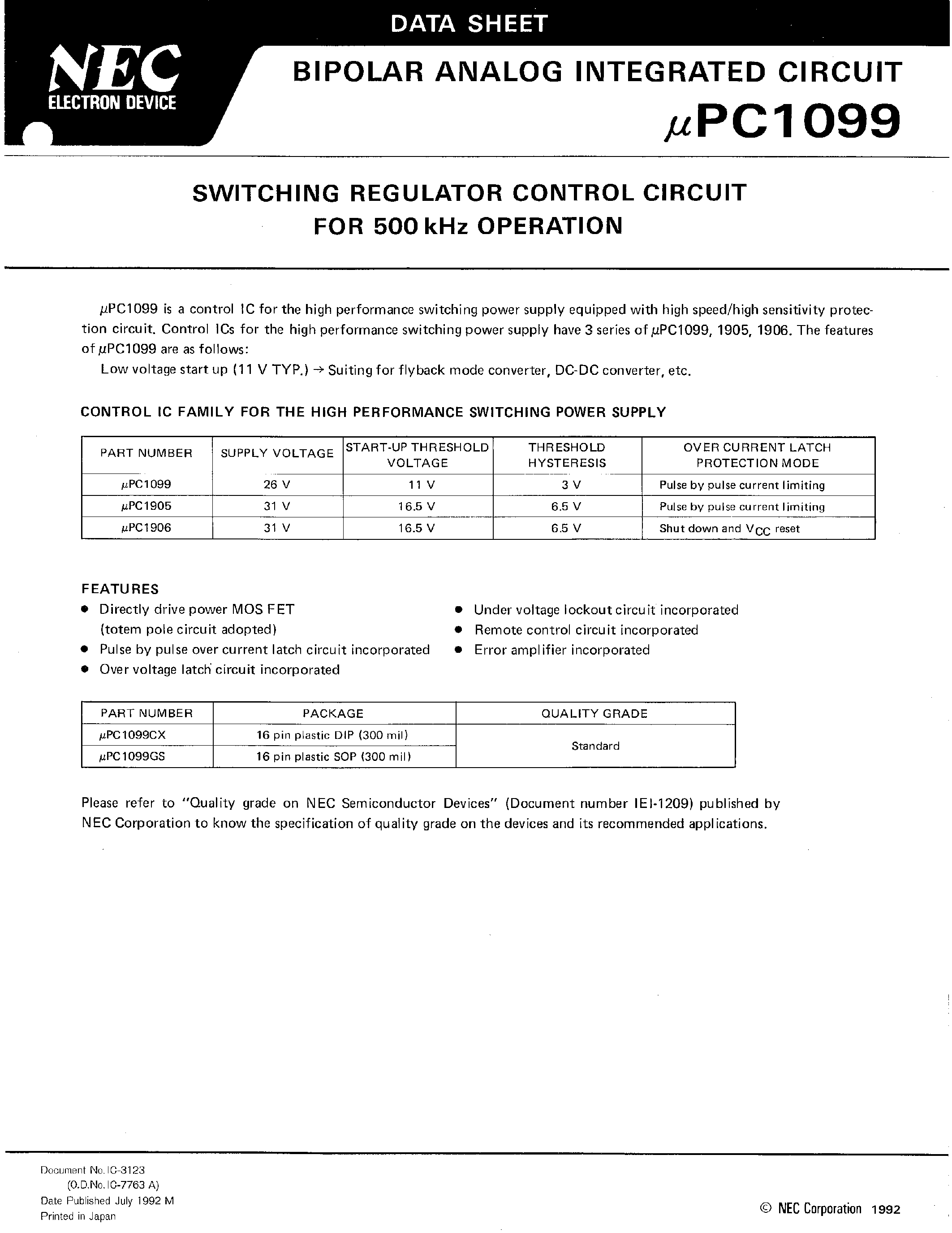 Datasheet UPC1906 page 1 Datasheet UPC1906 - SWITCHING REGULATOR CONTROL CIRCUIT FOR 500 kHz OPERATION page 1
