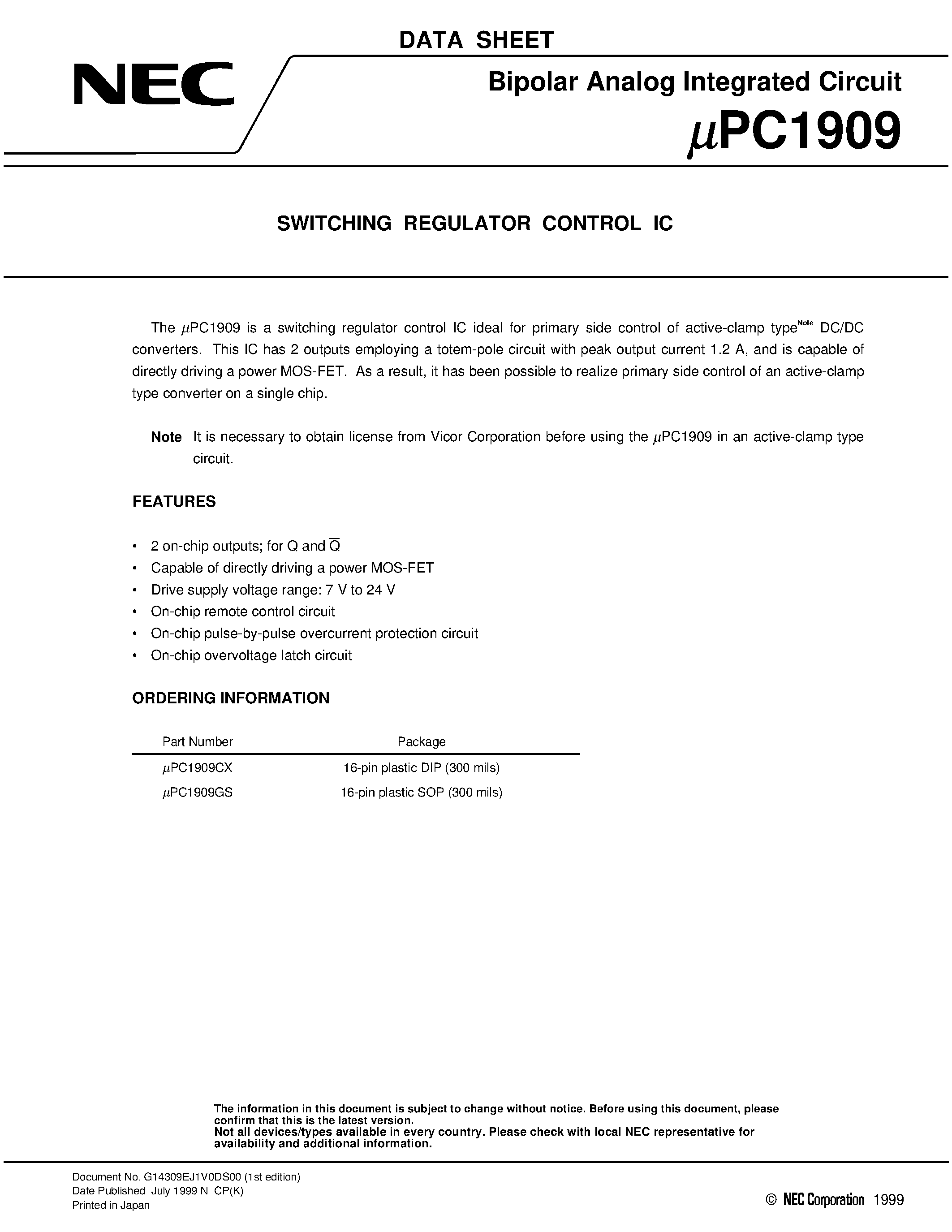 Datasheet UPC1909 page 1 Datasheet UPC1909 - SWITCHING REGULATOR CONTROL IC page 1