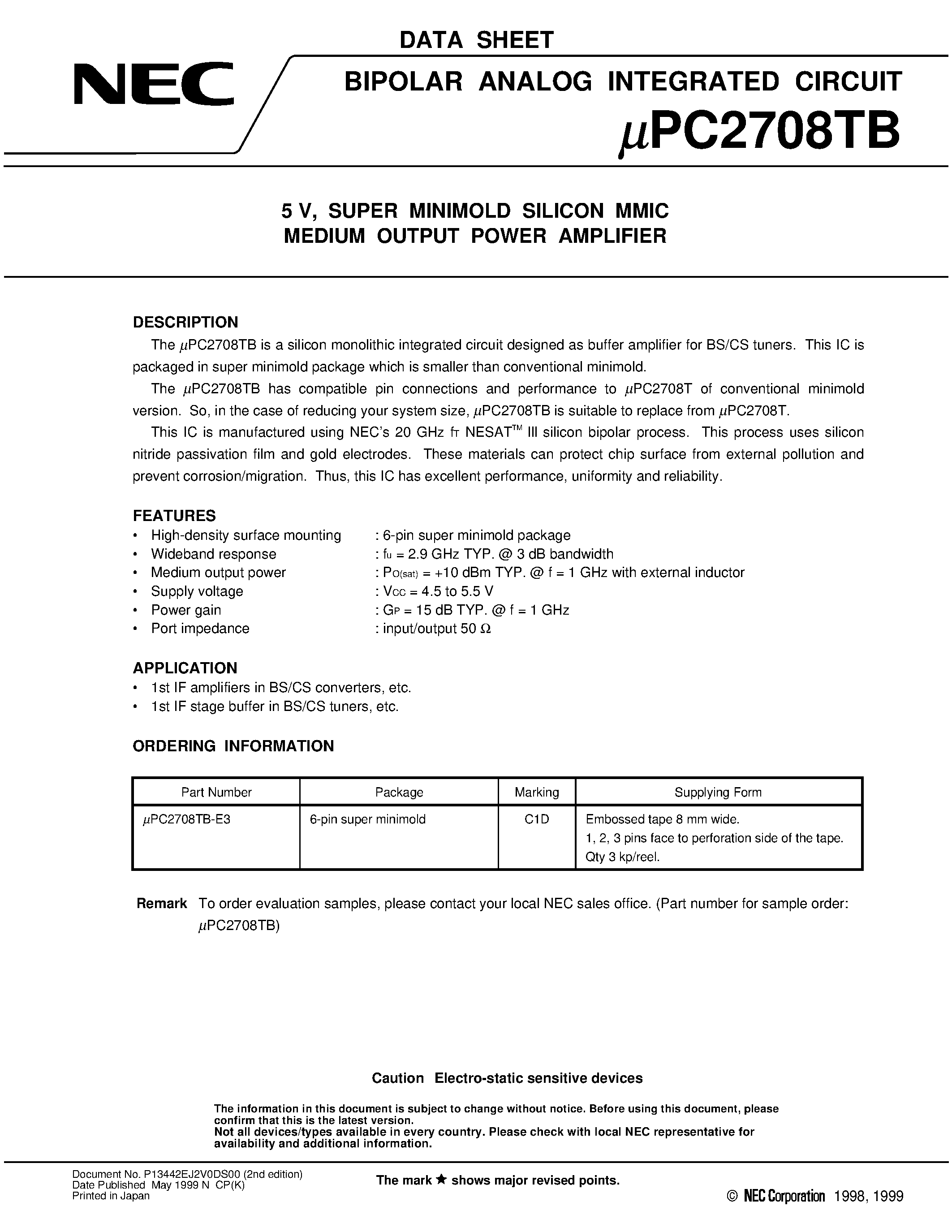 Даташит UPC2708TB - 5 V/ SUPER MINIMOLD SILICON MMIC MEDIUM OUTPUT POWER AMPLIFIER страница 1