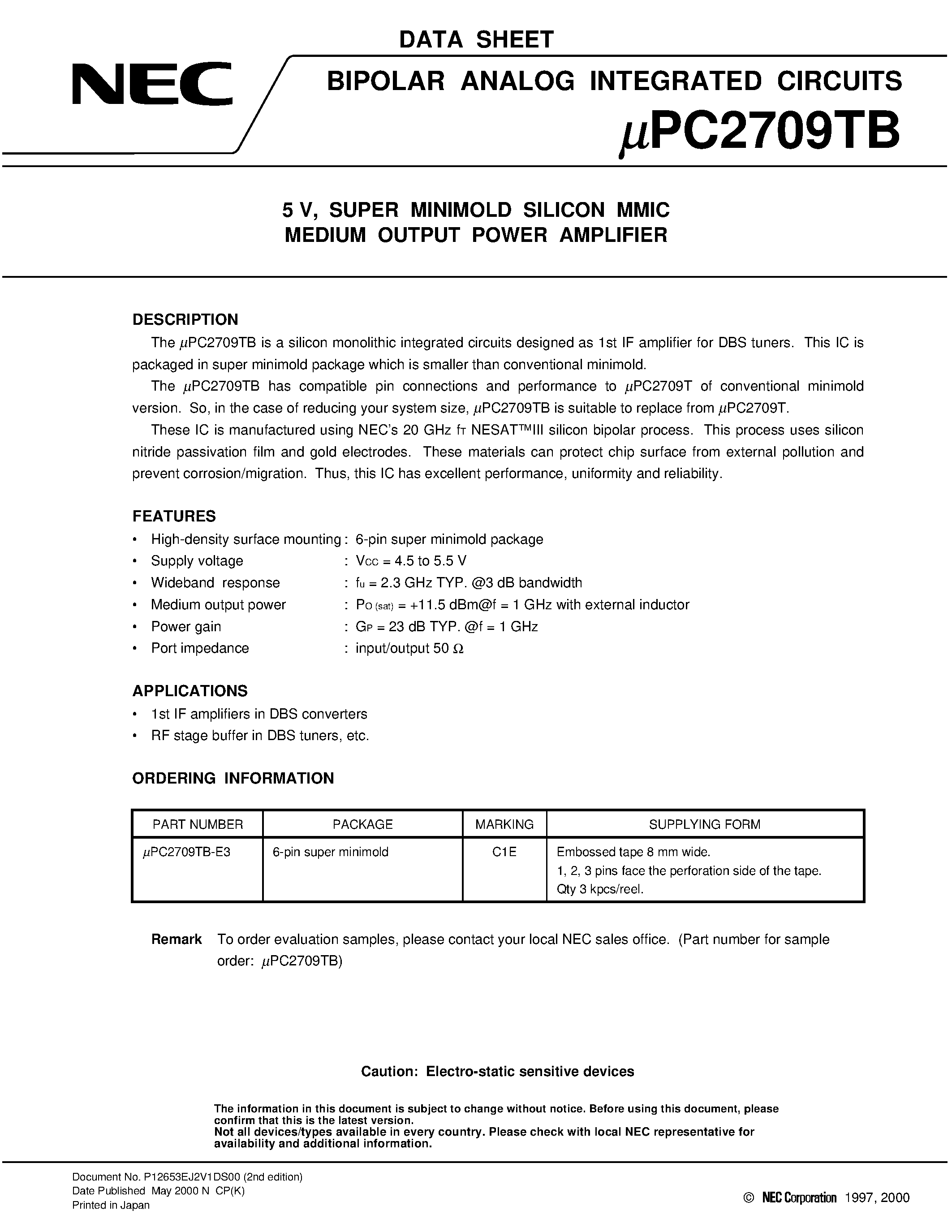 Даташит UPC2709T - 5 V/ SUPER MINIMOLD SILICON MMIC MEDIUM OUTPUT POWER AMPLIFIER страница 1