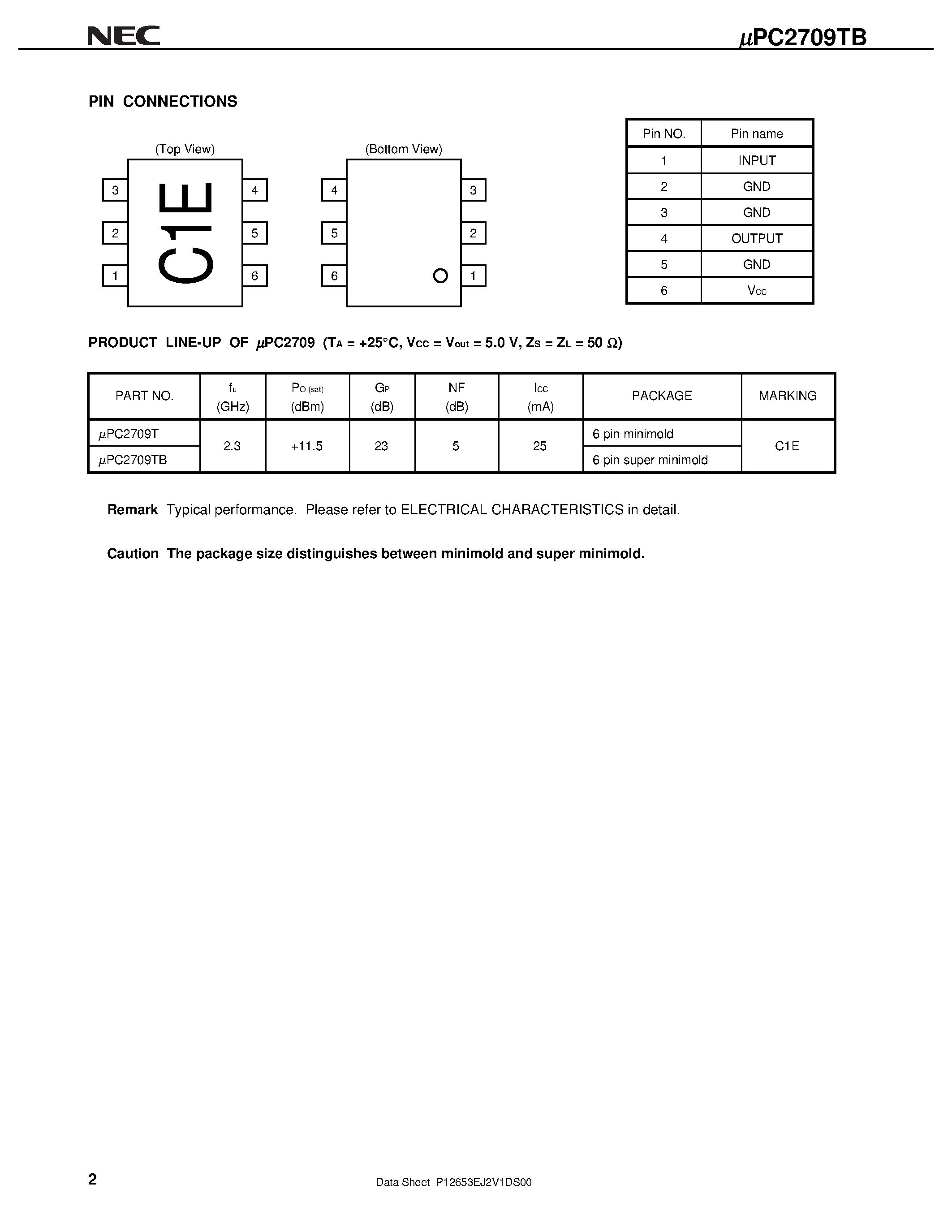 Даташит UPC2709T - 5 V/ SUPER MINIMOLD SILICON MMIC MEDIUM OUTPUT POWER AMPLIFIER страница 2