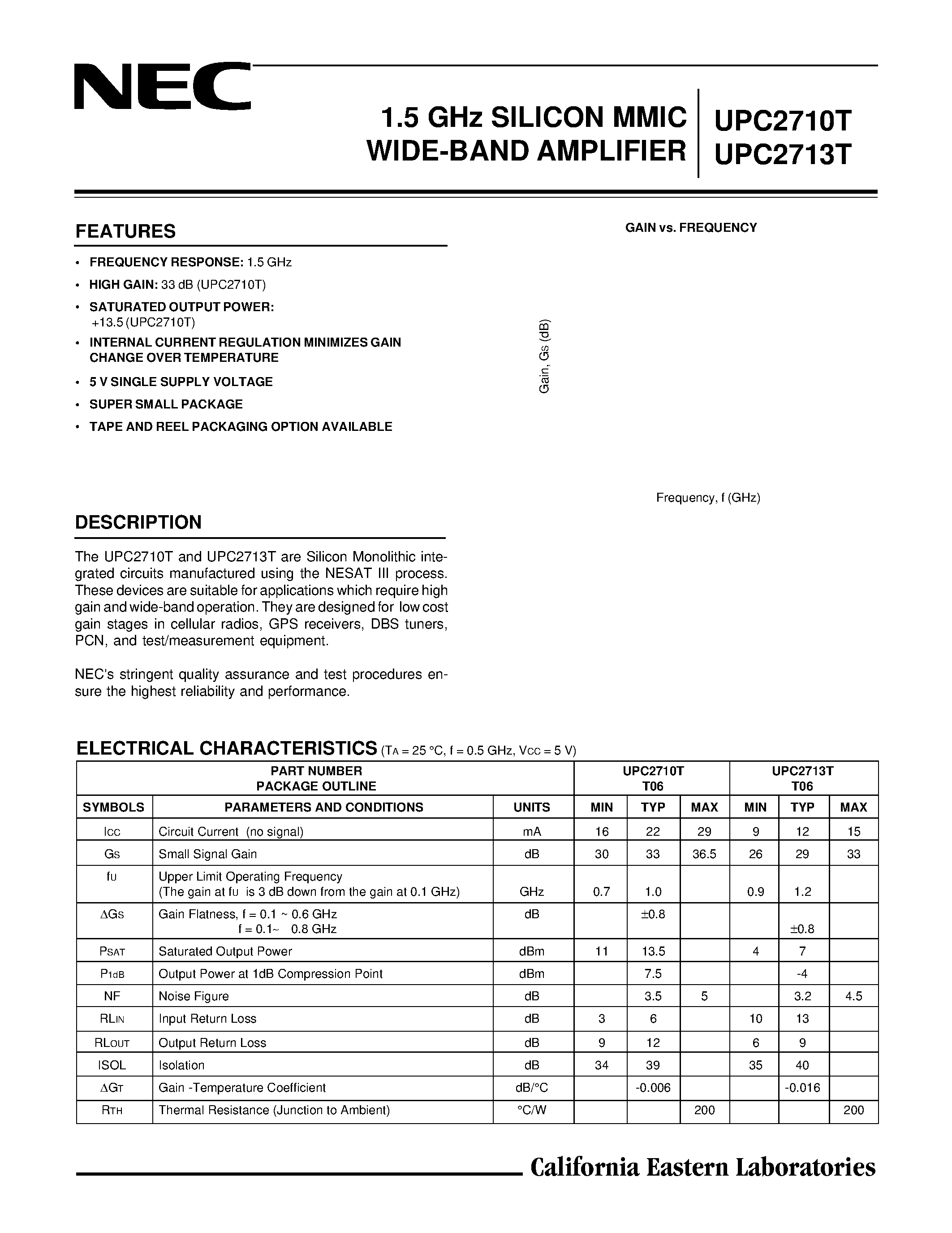 Datasheet UPC2710T page 1 Datasheet UPC2710T - 1.5 GHz SILICON MMIC WIDE-BAND AMPLIFIER page 1