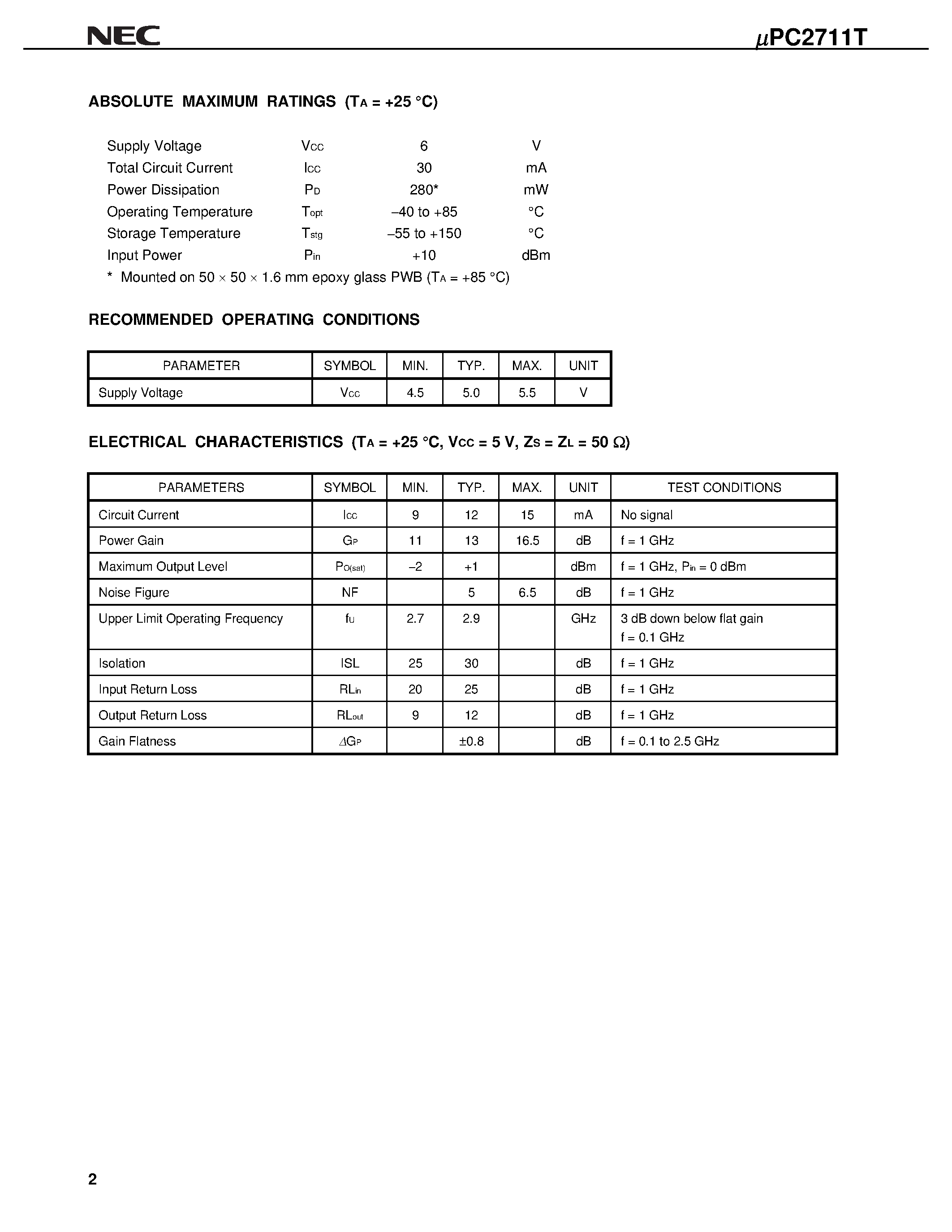 Datasheet UPC2711T page 2 Datasheet UPC2711T - 2.9 GHz WIDE BAND AMPLIFIER SILICON BIPOLAR MONOLITHIC INTEGRATED CIRCUIT page 2