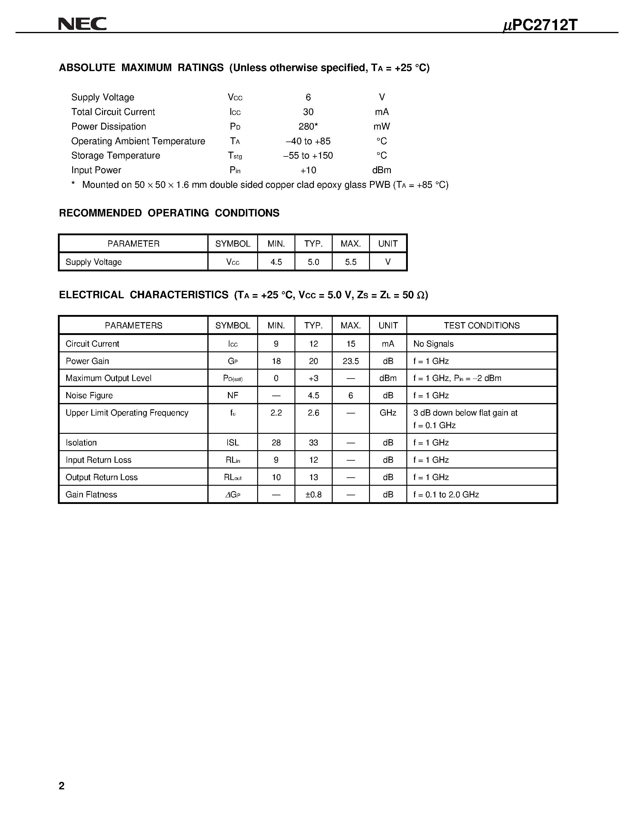 Даташит на микросхему UPC2712T страница 2 Даташит UPC2712T - 2.6 GHz WIDE BAND AMPLIFIER SILICON BIPOLAR MONOLITHIC INTEGRATED CIRCUIT страница 2