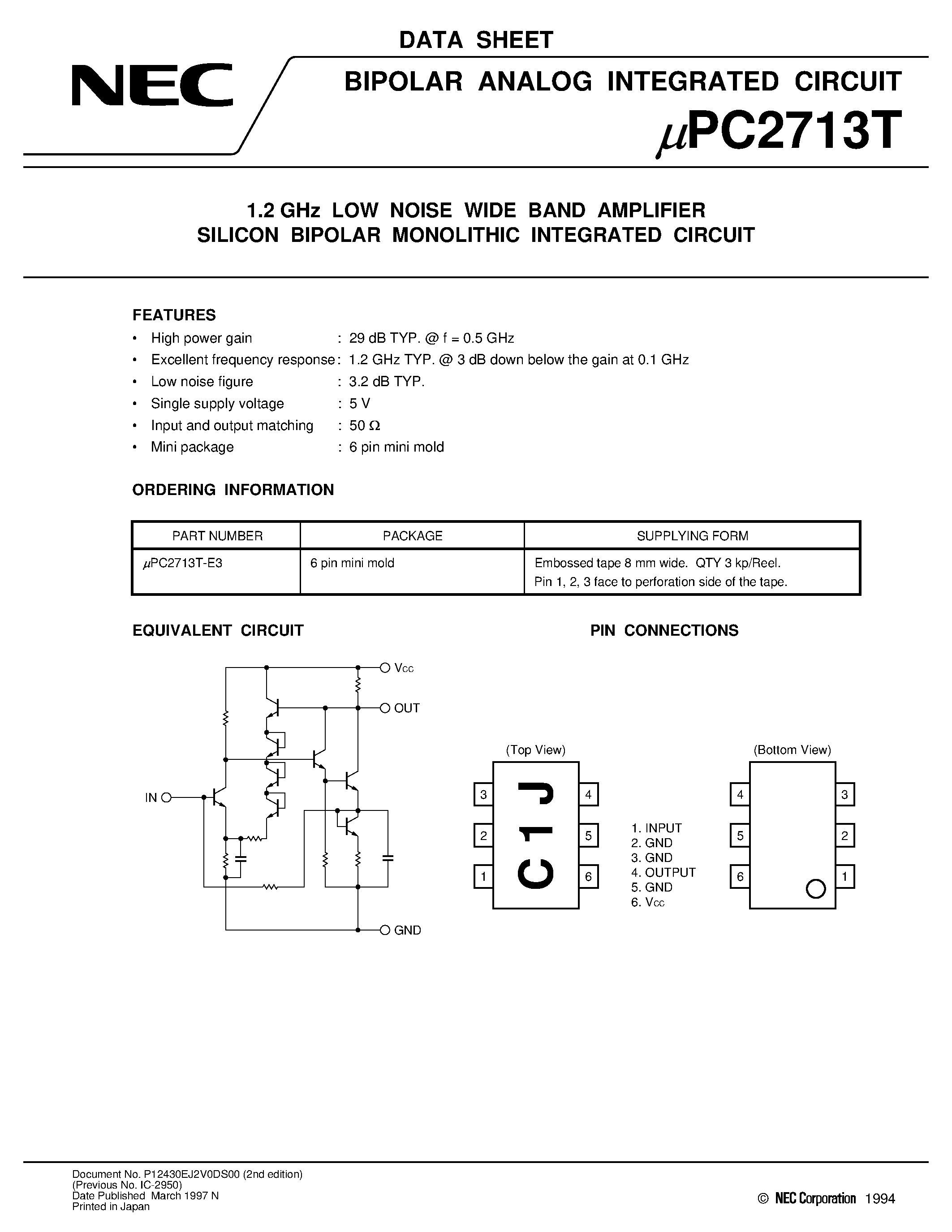 Datasheet UPC2713T - 1.5 GHz SILICON MMIC WIDE-BAND AMPLIFIER page 1