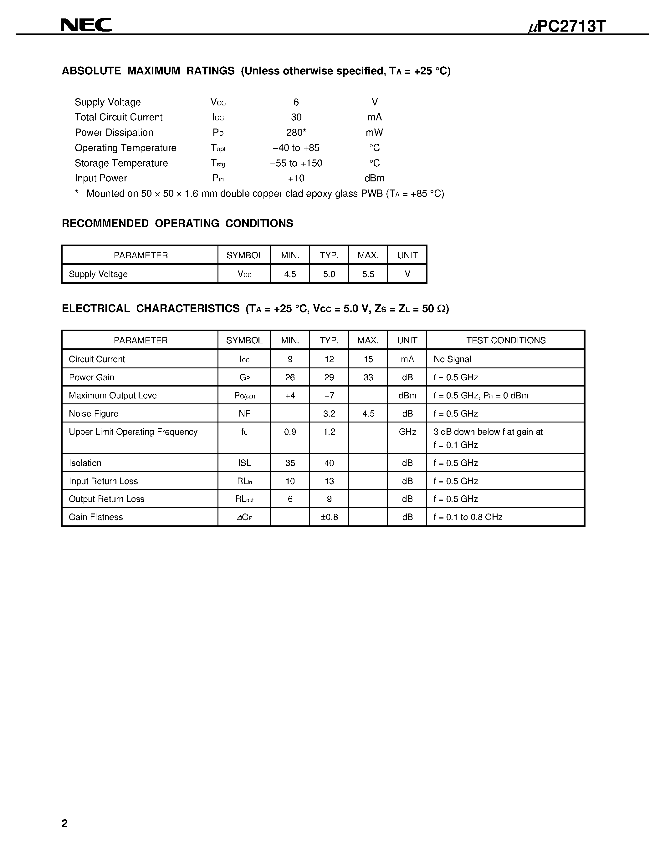 Datasheet UPC2713T - 1.5 GHz SILICON MMIC WIDE-BAND AMPLIFIER page 2