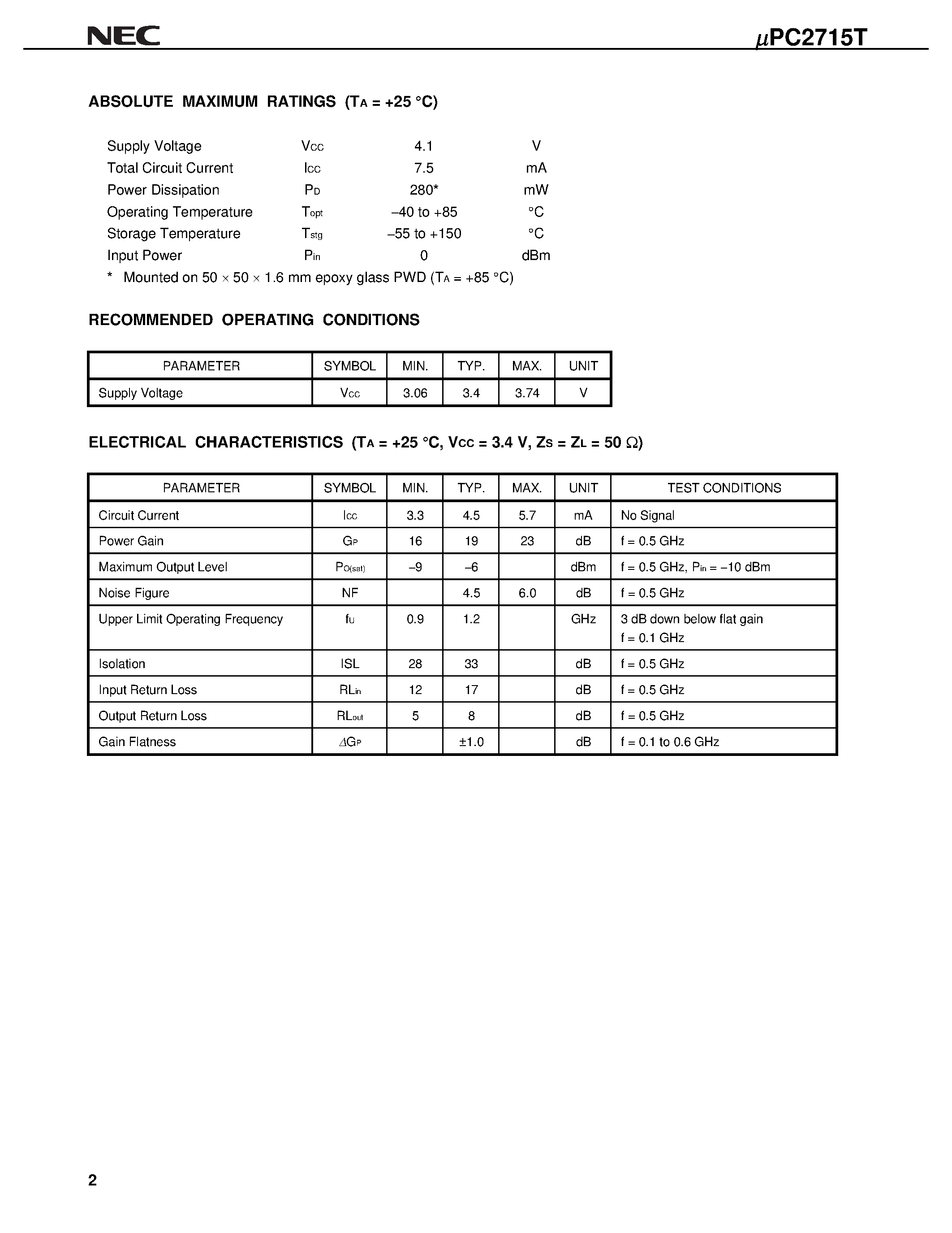 Datasheet UPC2715T page 2 Datasheet UPC2715T - 1.2 GHz LOW POWER CONSUMPTION WIDE BAND AMPLIFIER SILICON BIPOLAR MONOLITHIC INTEGRATED CIRCUIT page 2