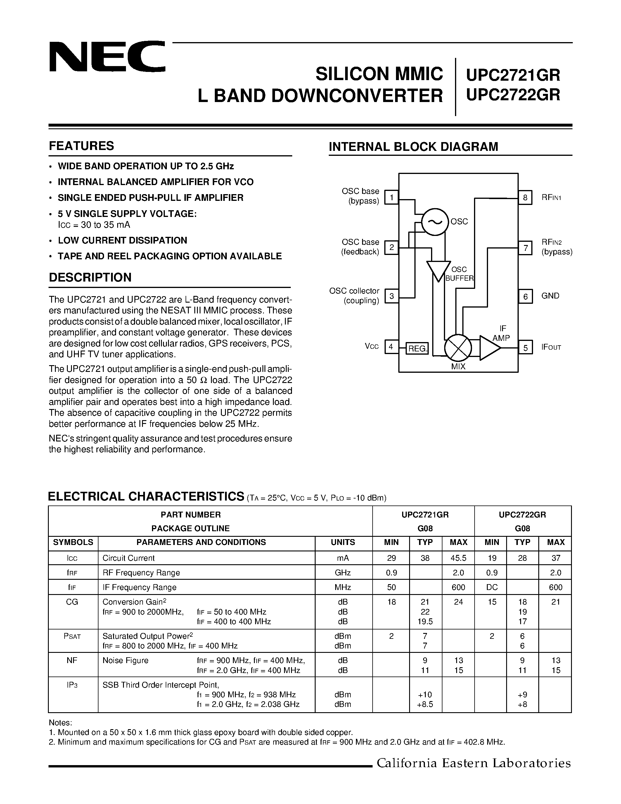 Даташит на микросхему UPC2721GR страница 1 Даташит UPC2721GR - SILICON MMIC L BAND DOWNCONVERTER страница 1