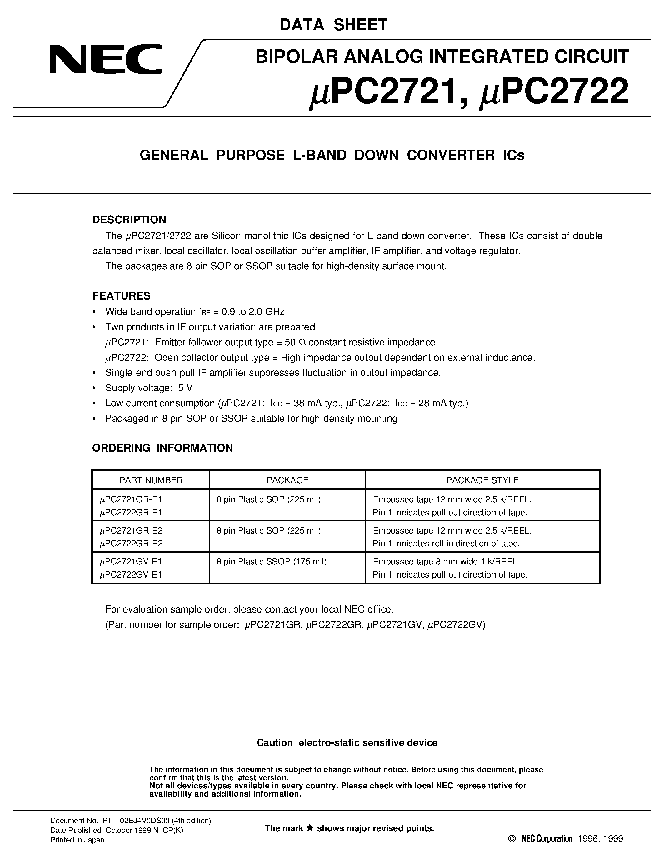 Datasheet UPC2722GV-E1 - GENERAL PURPOSE L-BAND DOWN CONVERTER ICs page 1