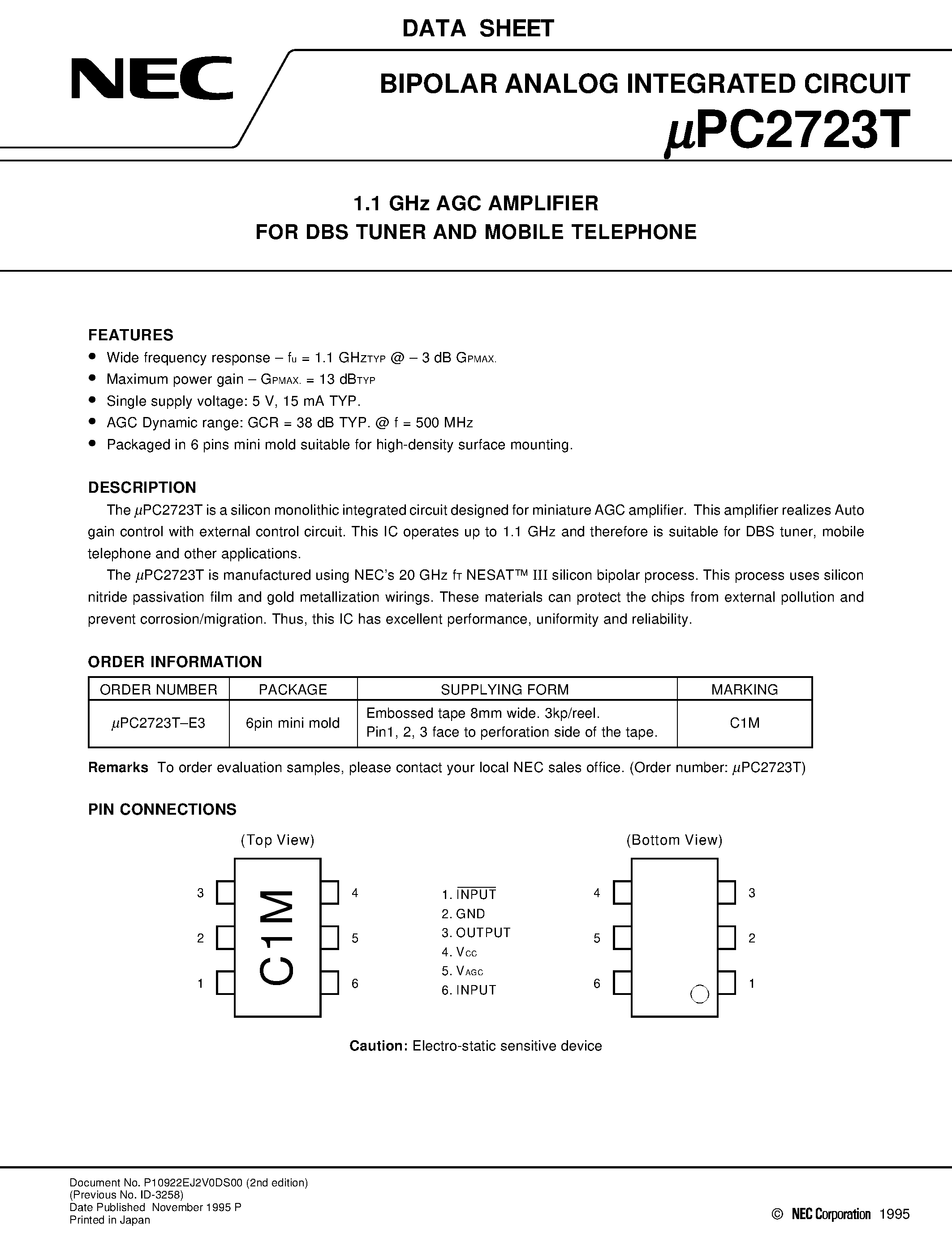 Даташит на микросхему UPC2723 страница 1 Даташит UPC2723 - 1.1 GHz AGC AMPLIFIER FOR DBS TUNER AND MOBILE TELEPHONE страница 1