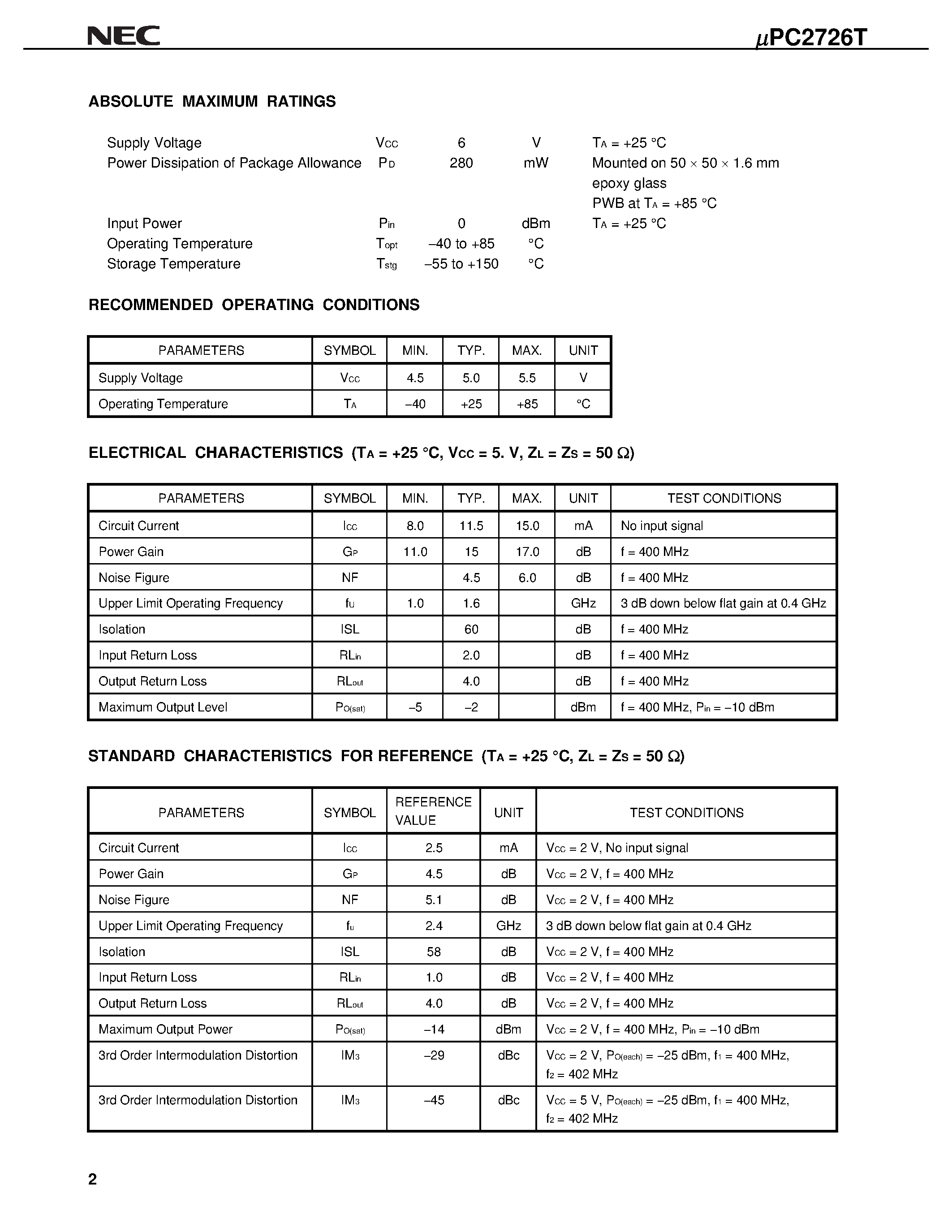 Даташит на микросхему UPC2726T страница 2 Даташит UPC2726T - 1.6 GHz DIFFERENTIAL WIDE BAND AMPLIFIER SILICON BIPOLAR MONOLITHIC INTEGRATED CIRCUIT страница 2