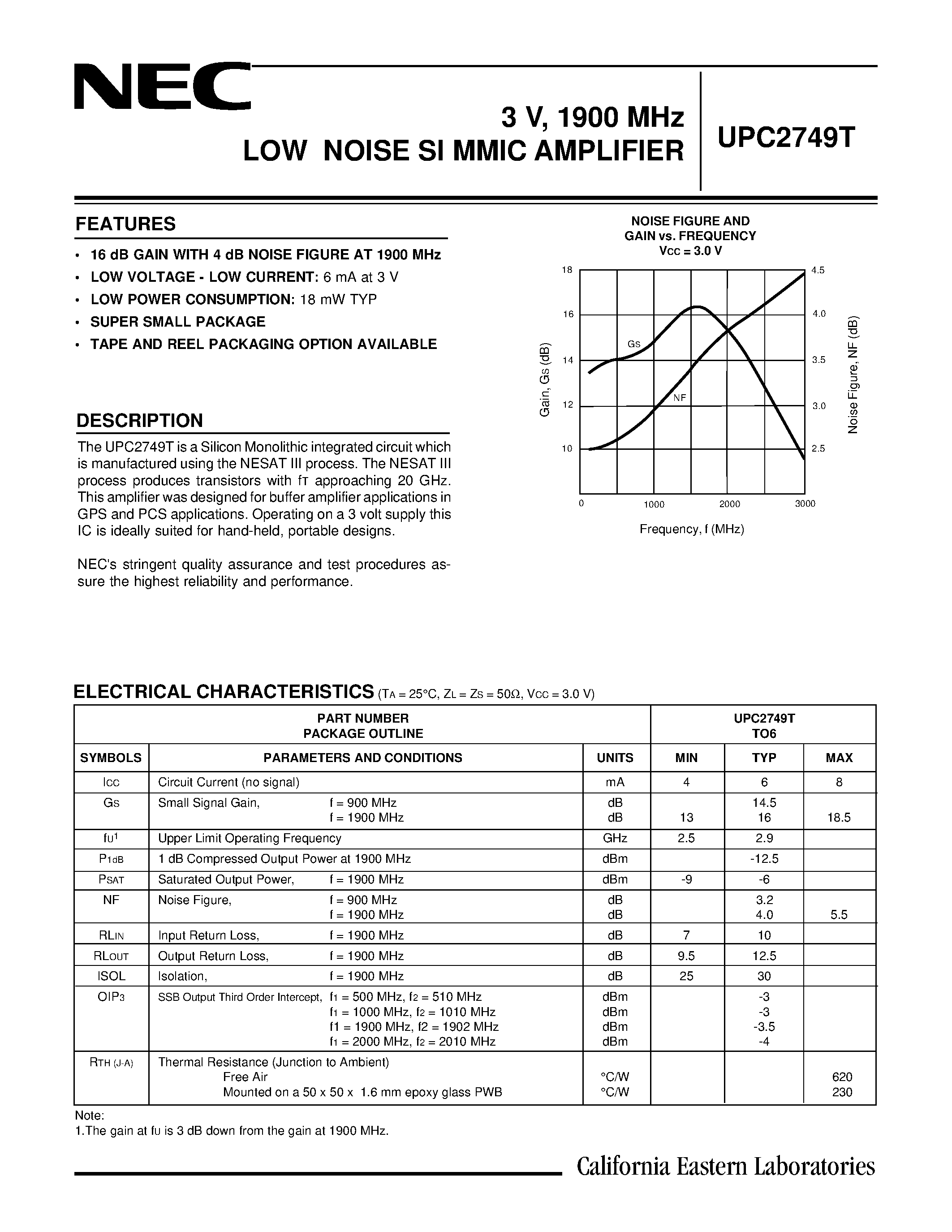 Даташит UPC2749T - 3 V/ 1900 MHz LOW NOISE SI MMIC AMPLIFIER страница 1