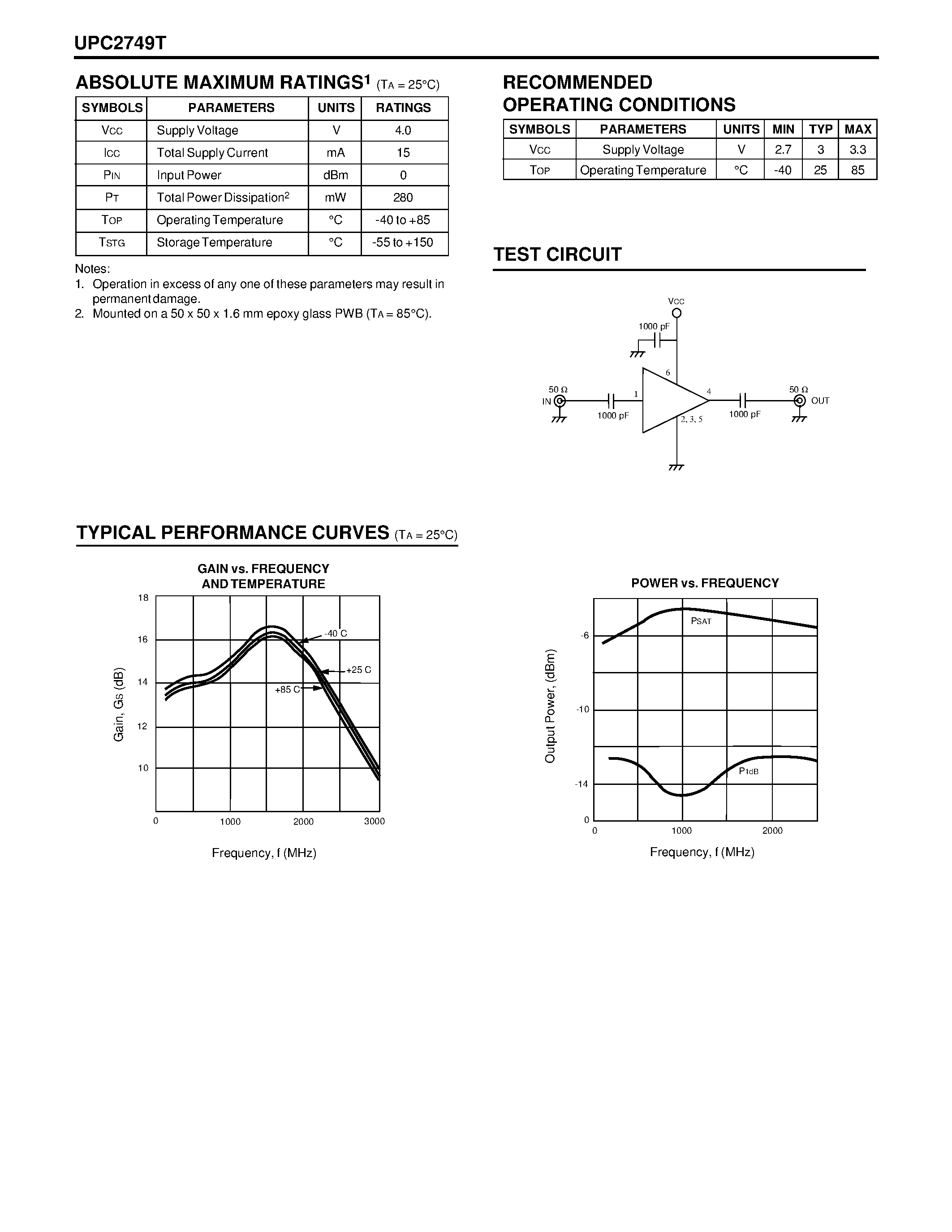 Даташит UPC2749T - 3 V/ 1900 MHz LOW NOISE SI MMIC AMPLIFIER страница 2