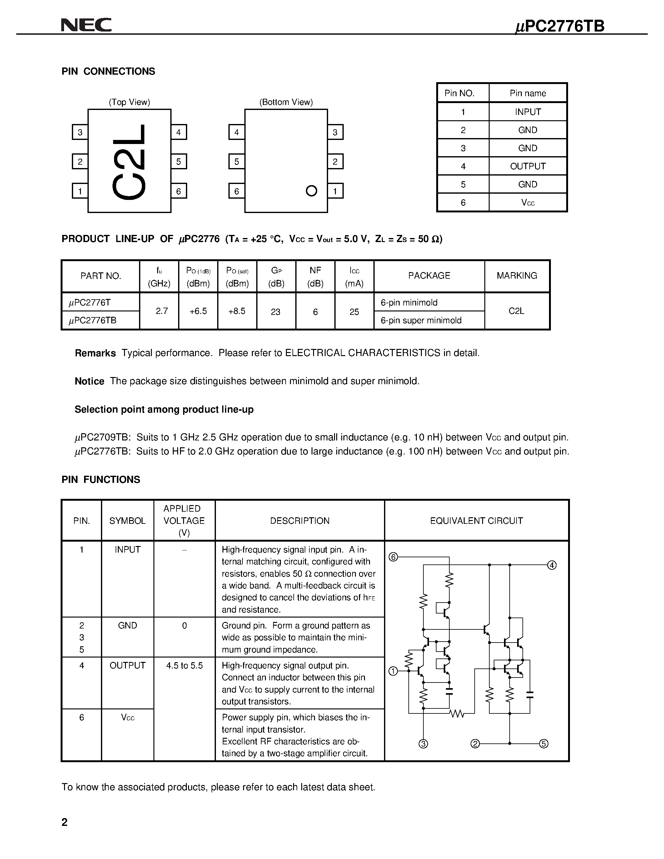 Datasheet UPC2776 - 2.7 GHz SILICON MIMIC WIDE BAND AMPLIFIER page 2