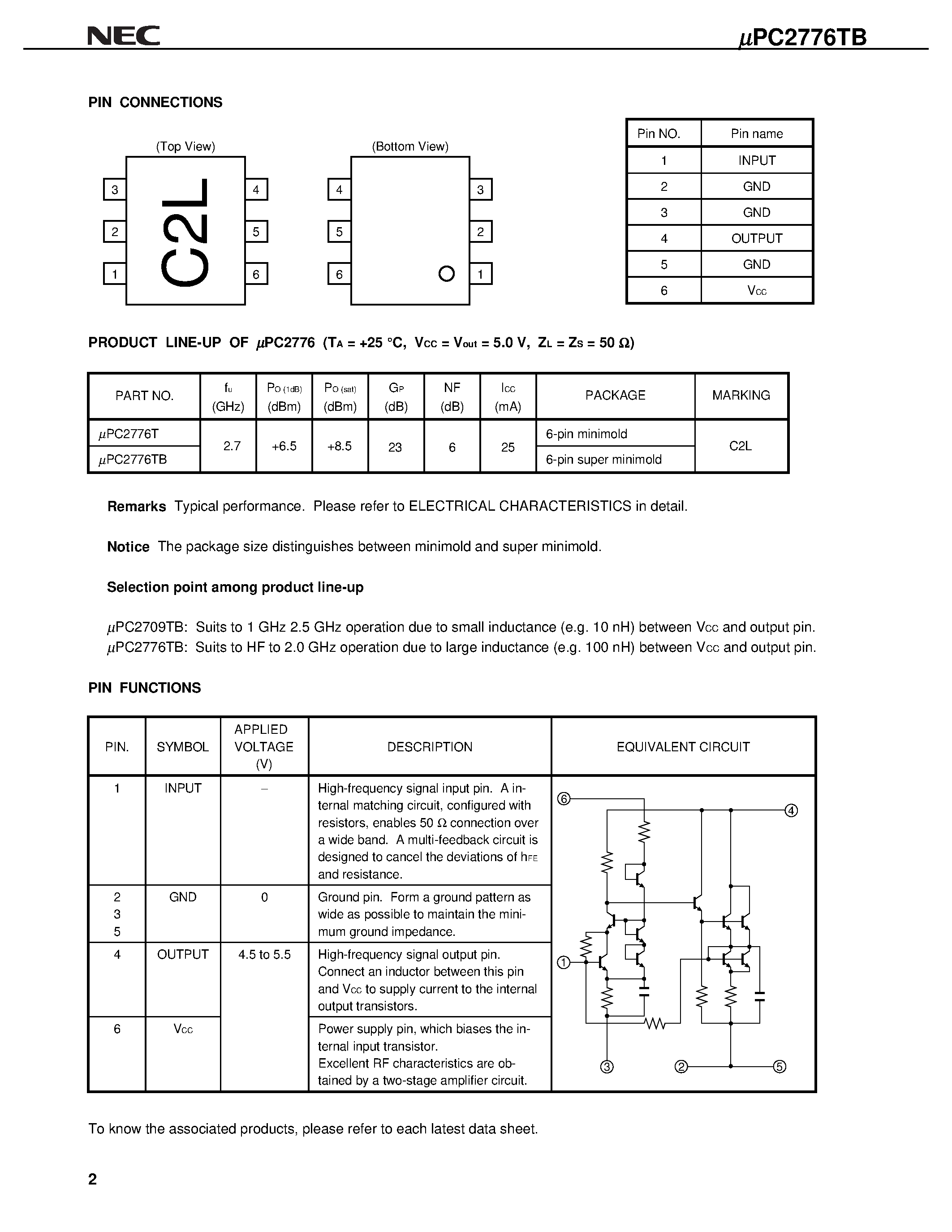 Datasheet UPC2776T page 2 Datasheet UPC2776T - 2.7 GHz SILICON MIMIC WIDE BAND AMPLIFIER page 2