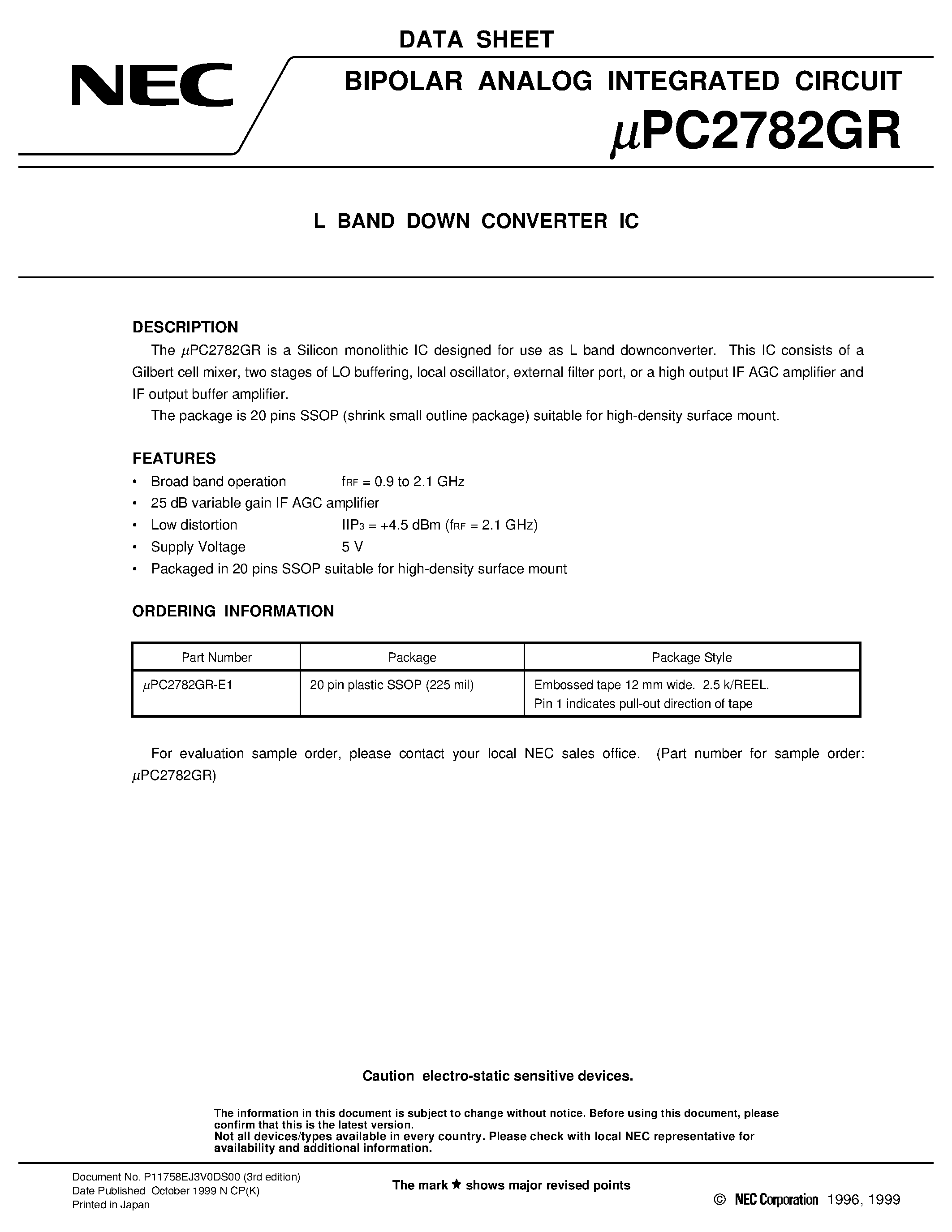 Даташит на микросхему UPC2782GR страница 1 Даташит UPC2782GR - L BAND DOWN CONVERTER IC страница 1