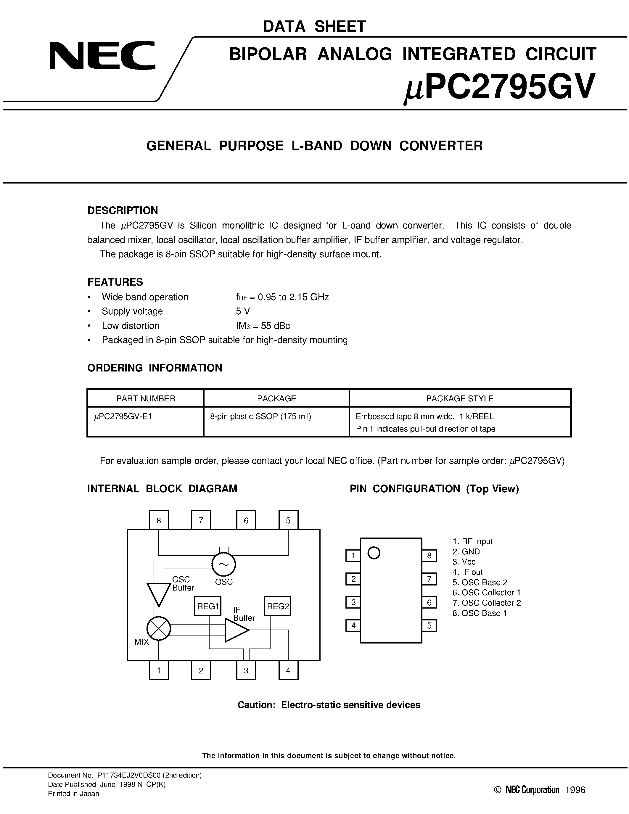 Datasheet UPC2795 - GENERAL PURPOSE L-BAND DOWN CONVERTER page 1