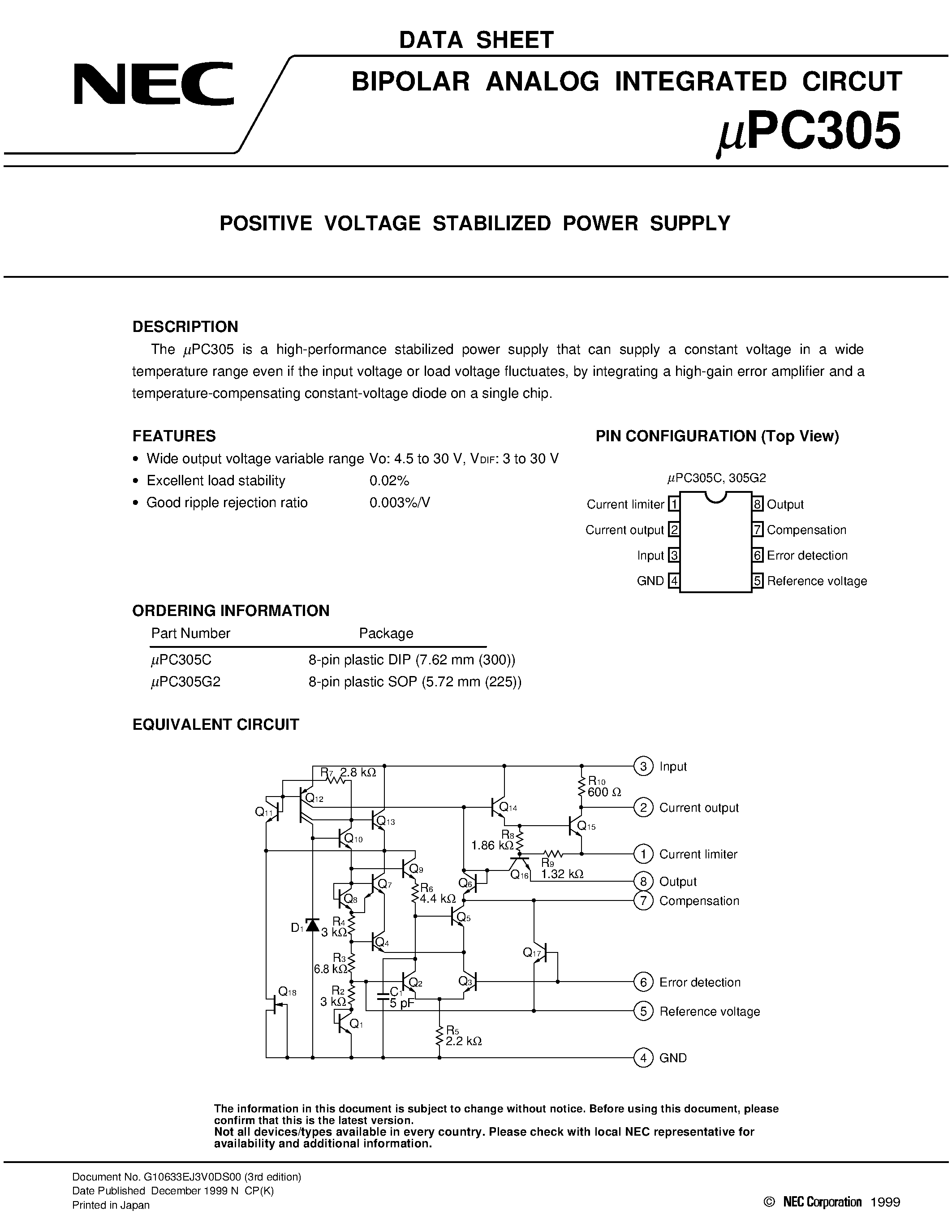 Datasheet UPC305C - POSITIVE VOLTAGE STABILIZED POWER SUPPLY page 1