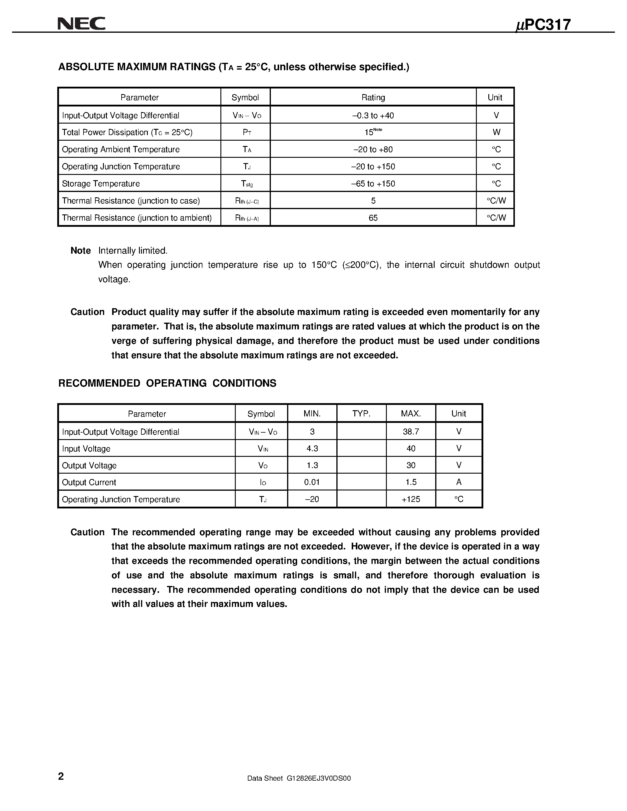 Datasheet UPC317HF - 3-TERMINAL POSITIVE ADJUSTABLE REGULATOR page 2