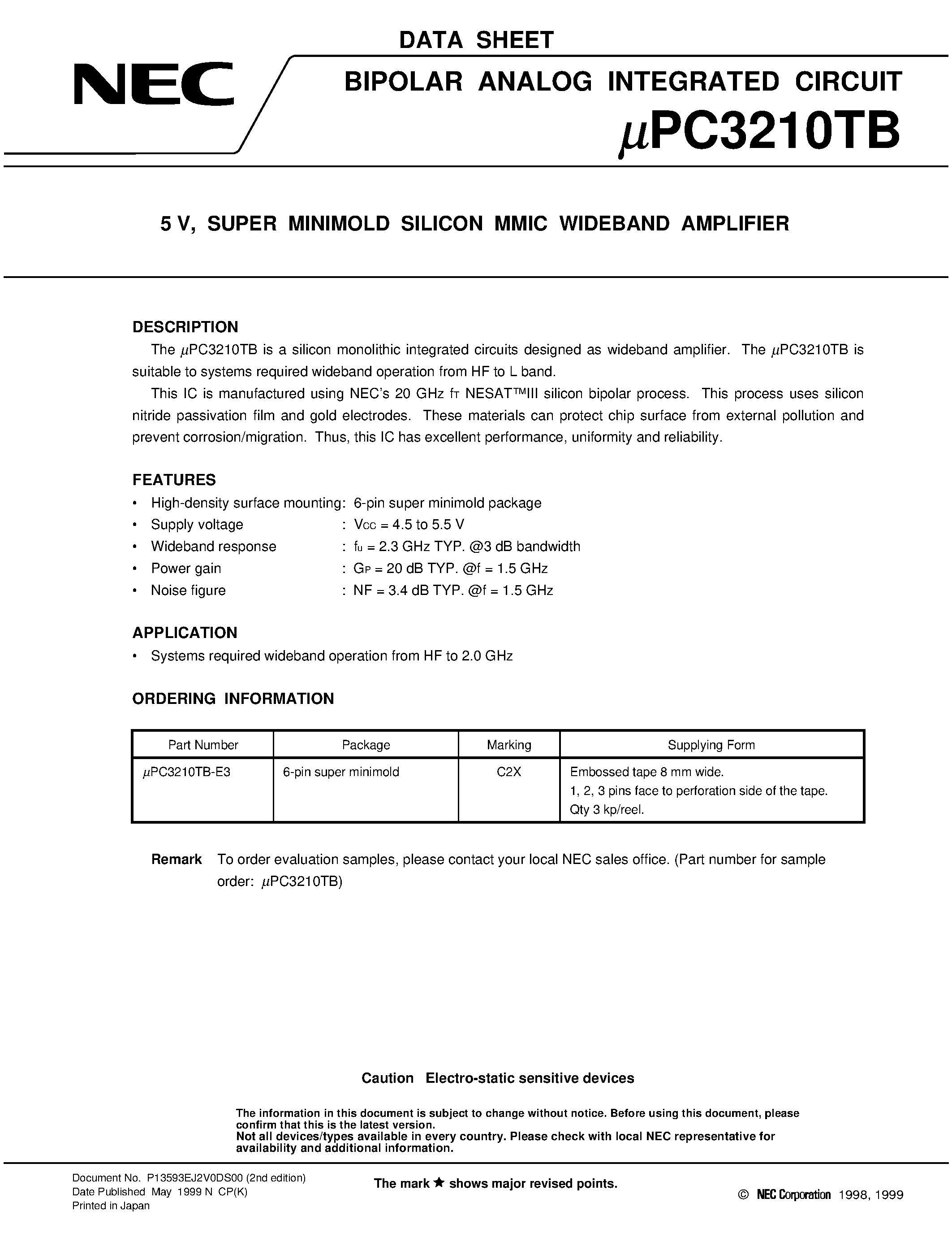Даташит UPC3210TB - 5 V/ SUPER MINIMOLD SILICON MMIC WIDEBAND AMPLIFIER страница 1