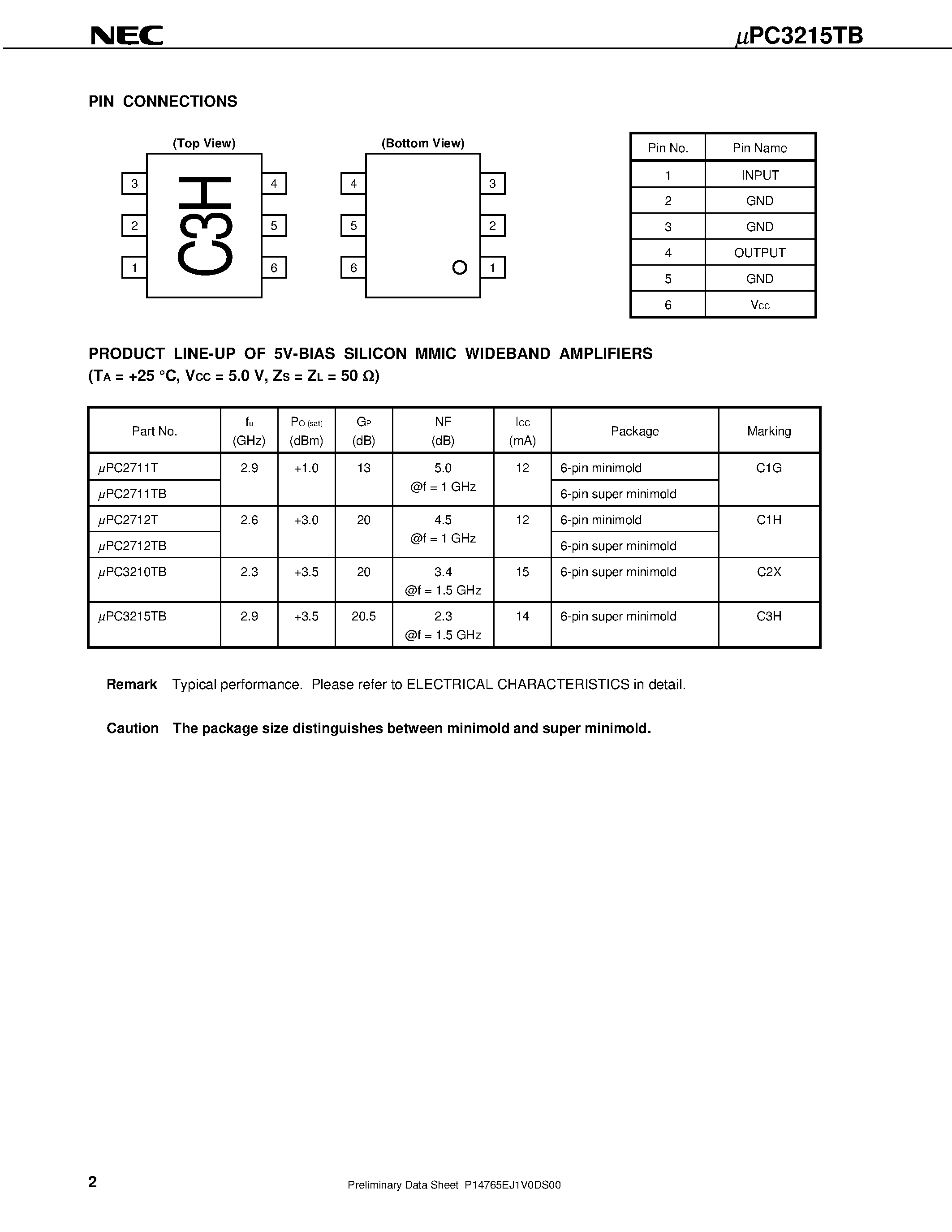 Даташит UPC3215TB-E3 - 5 V/ SUPER MINIMOLD SILICON MMIC WIDEBAND AMPLIFIER страница 2