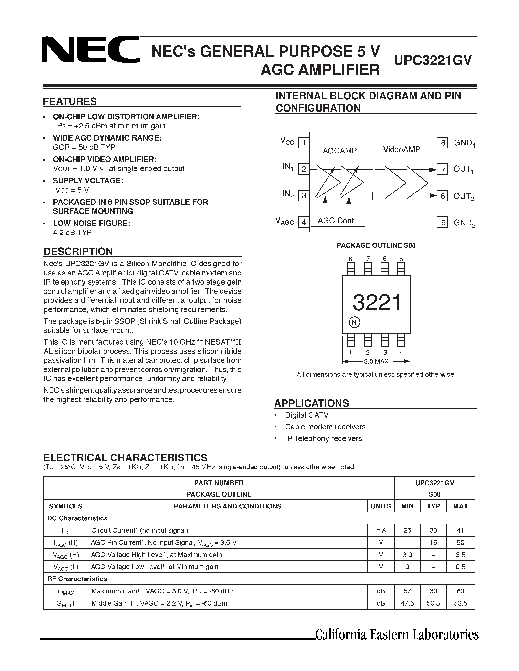 Datasheet UPC3221GV - NECs GENERAL PURPOSE 5 V AGC AMPLIFIER page 1