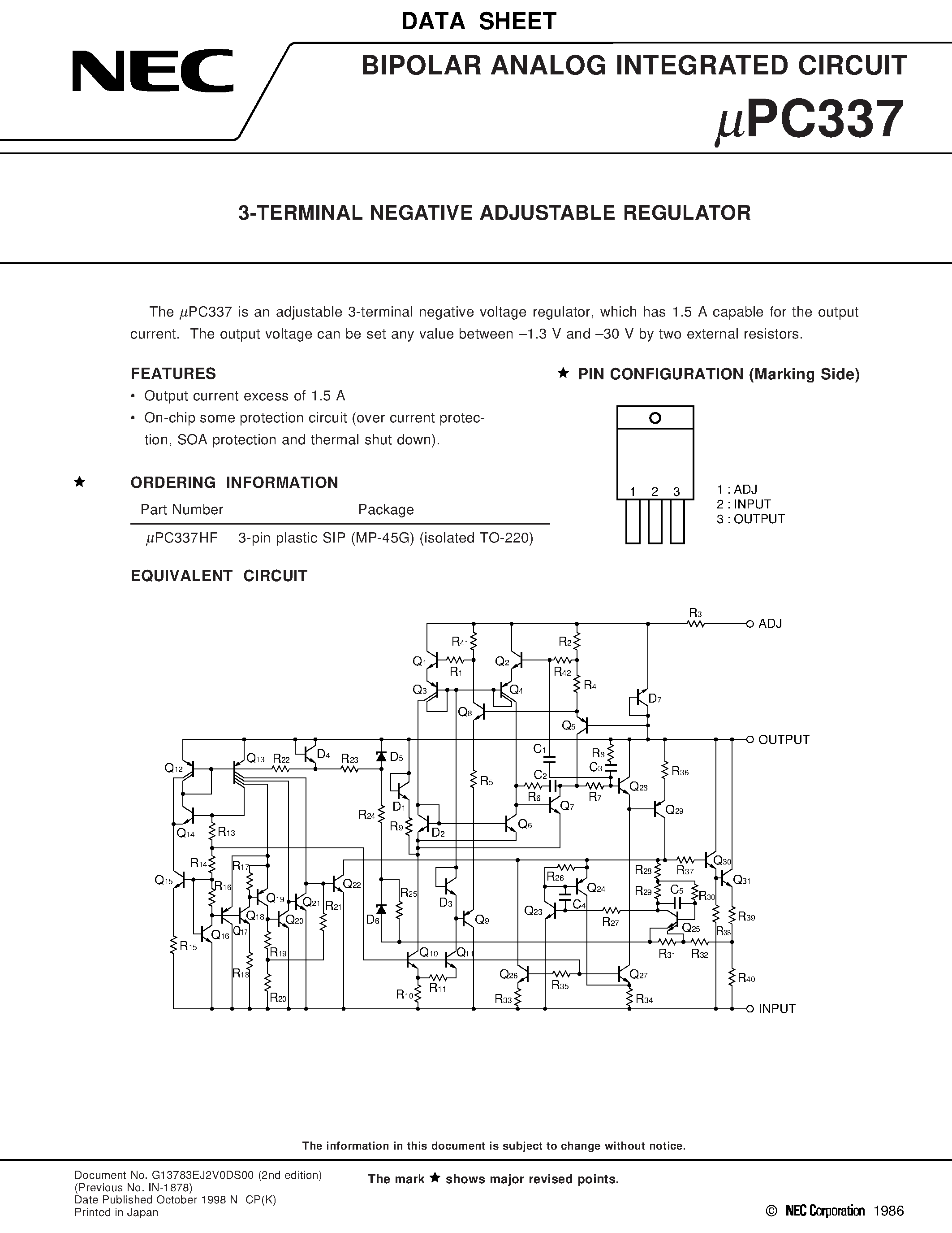 Datasheet UPC337HF - 3-TERMINAL NEGATIVE ADJUSTABLE REGULATOR page 1