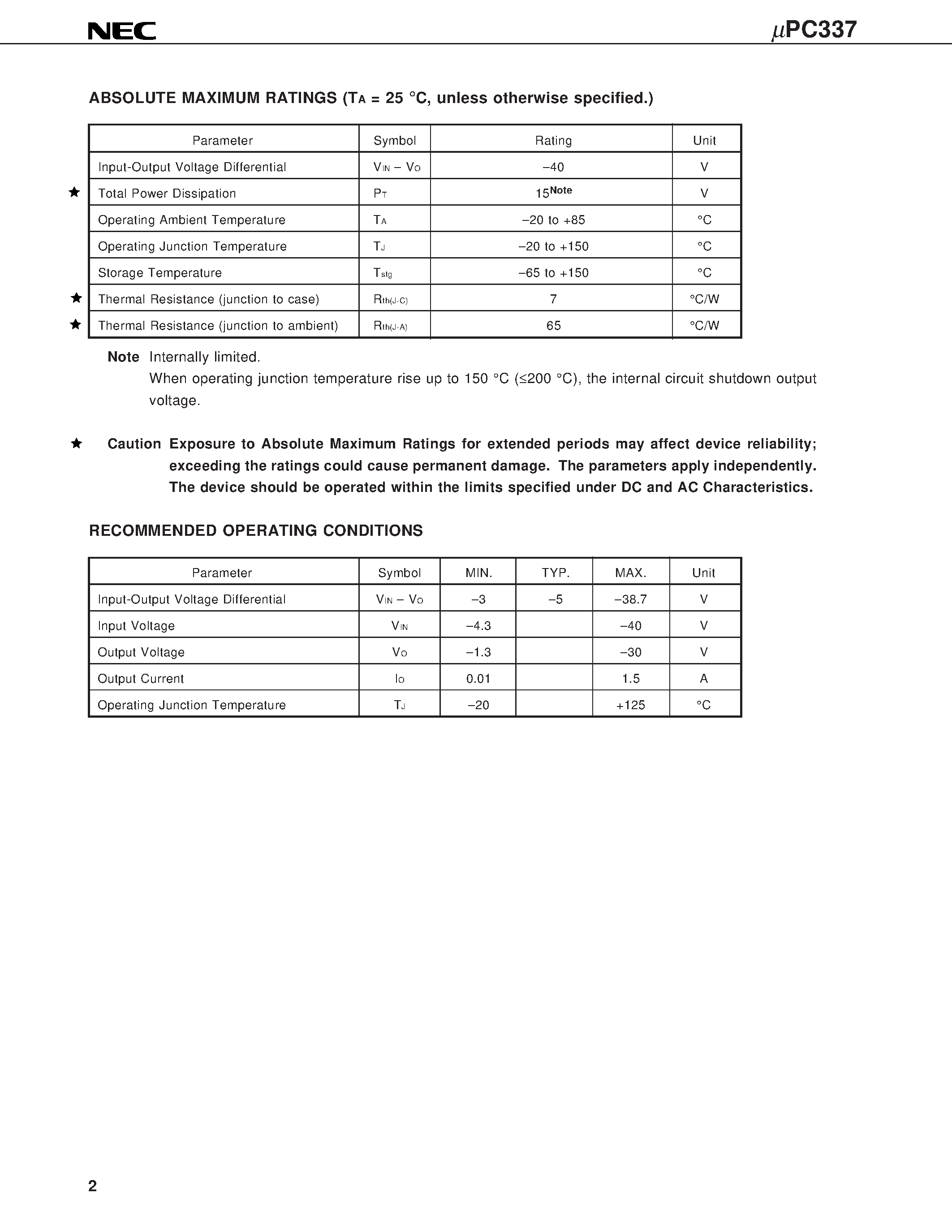 Datasheet UPC337HF - 3-TERMINAL NEGATIVE ADJUSTABLE REGULATOR page 2